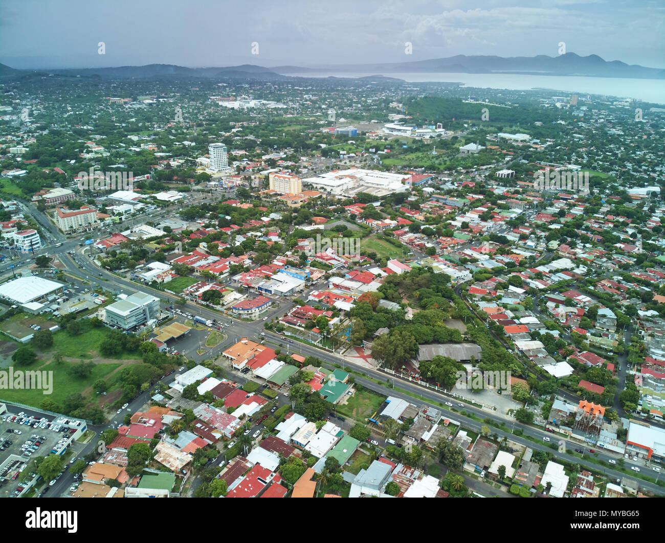 Center city of nicaragua aerial drone view on cloudy day Stock Photo