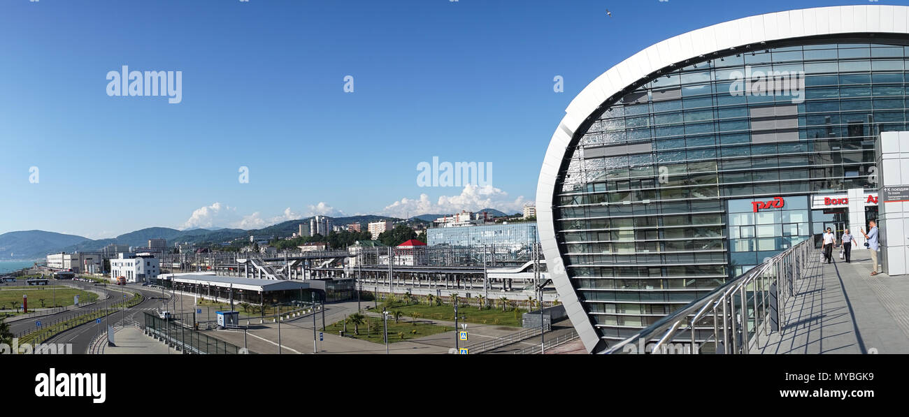 Sochi, Russia - June 1, 2015: Architecture of modern train station in the Adler Sunny weather in the summer. Stock Photo