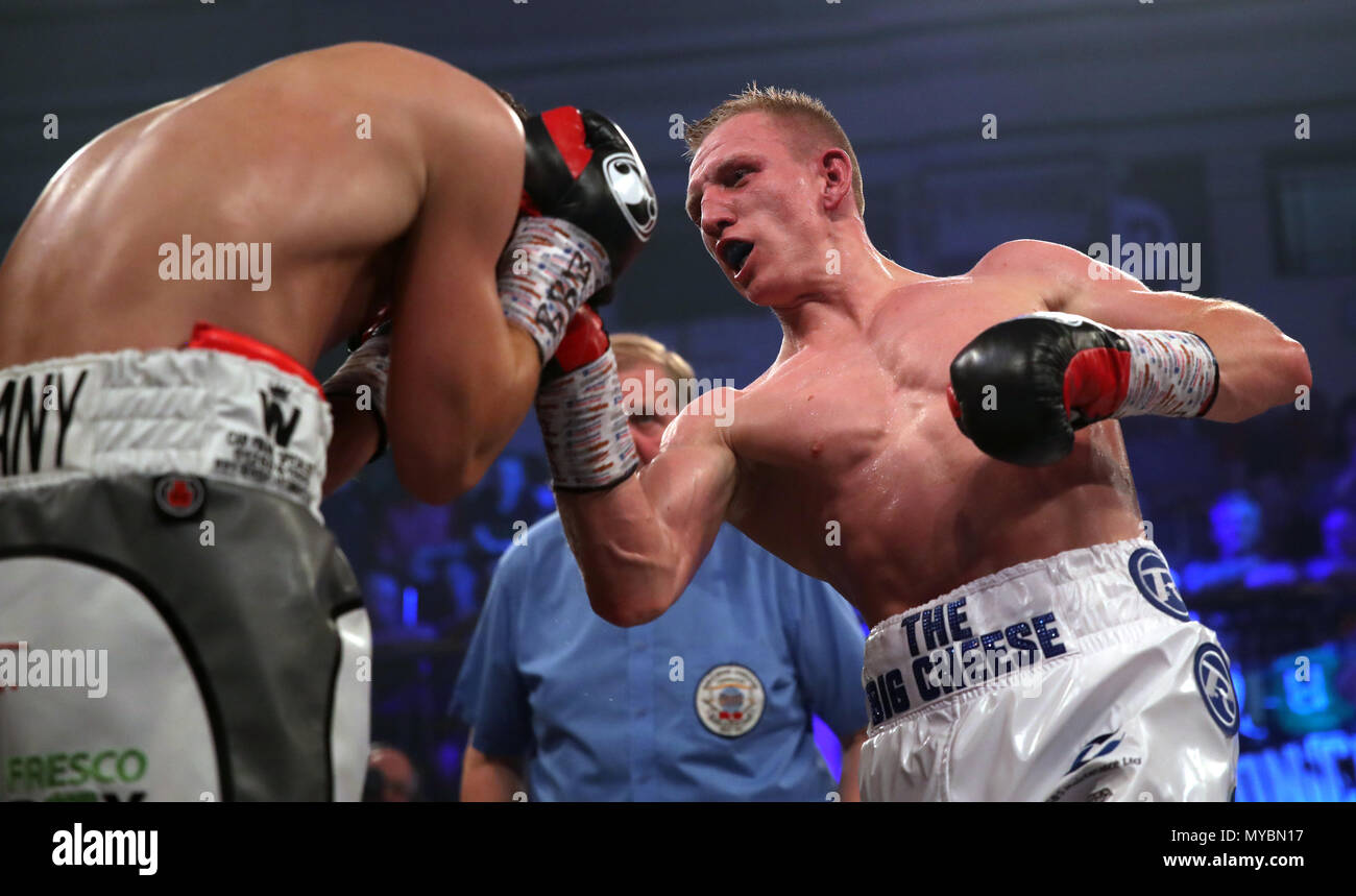 Ted Cheeseman and Paul Upton during the WBA International Super-Welterweight Championship bout at York Hall, London. Stock Photo