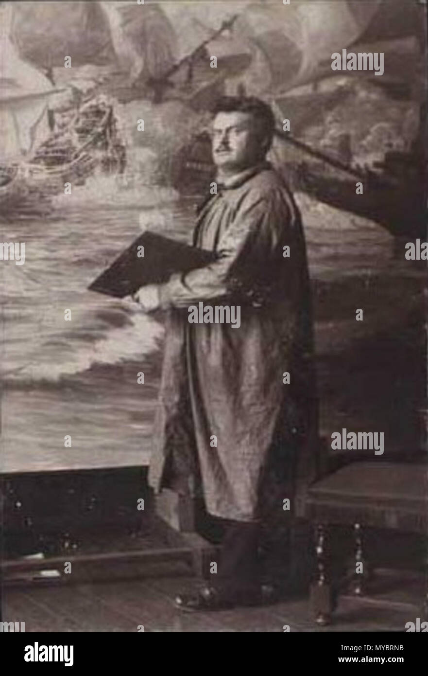 . English: Photograph of Danish painter Carl Locher in the process of painting a large seascape . before 1915. Axel Hansen 98 Carl Locher painting a large seascape Stock Photo
