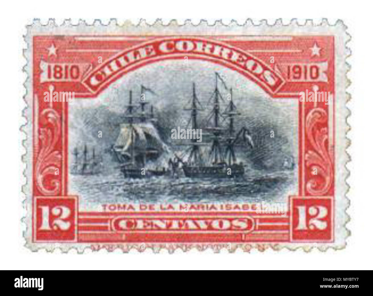 . Español: Estampilla de 12 centavos, conmemorativa del Centenario de Chile. Imagen escaneada de la colección personal de Usuario:Sfs90, enero de 2010. 1910. Sfs90 103 Centenario chile 12 centavos Stock Photo