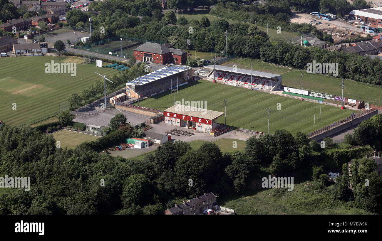 aerial view of Batley Rugby League Club stadium, West Yorkshire, UK Stock Photo