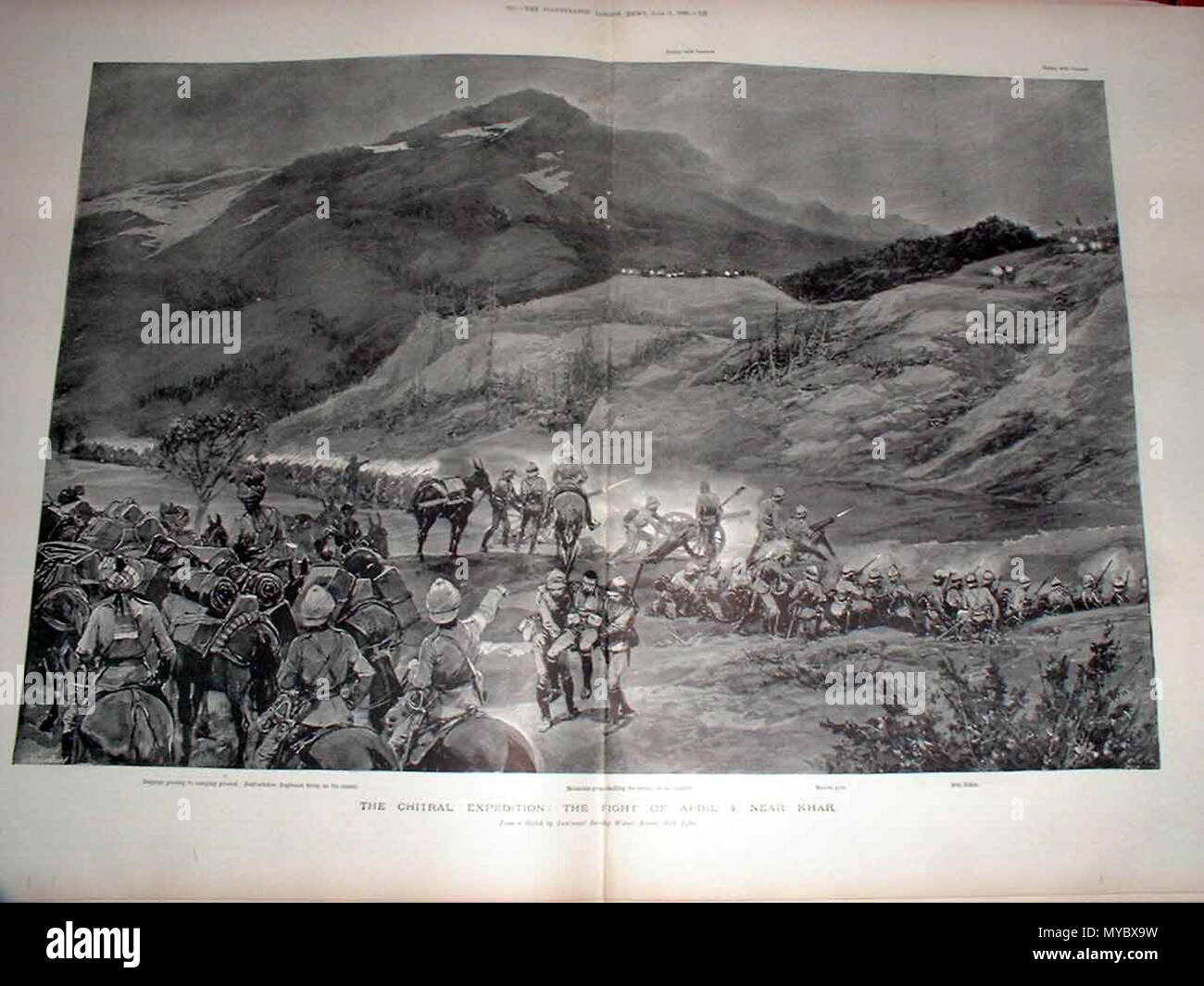 . English: Views from the ILLUSTRATED LONDON NEWS and The Graphic (some with later hand coloring, all from ebay auctions): This image: 'The Chitral Expedition (2nd Brigade), the fight of April 4 1895 near Khar'*, Illustration from The Illustrated London News, 8 June 1895  'Loodhianah on the Sutlej'*, 1846 'Sikh Soldiers'*, 1846  'The British Museum'*, 1851  'An Indian Railway Station'*, 1854 (shown above)  'Banyan Tree'*, 1856 'Travelers overtaken by the inundation [of a flash flood]'*, 1856  'Hindoo thugs and poisoners'*, 1857 'Snake charmers in India'*, 1857 'Ruins, Brahmunabad, Sind'*, 1857 Stock Photo