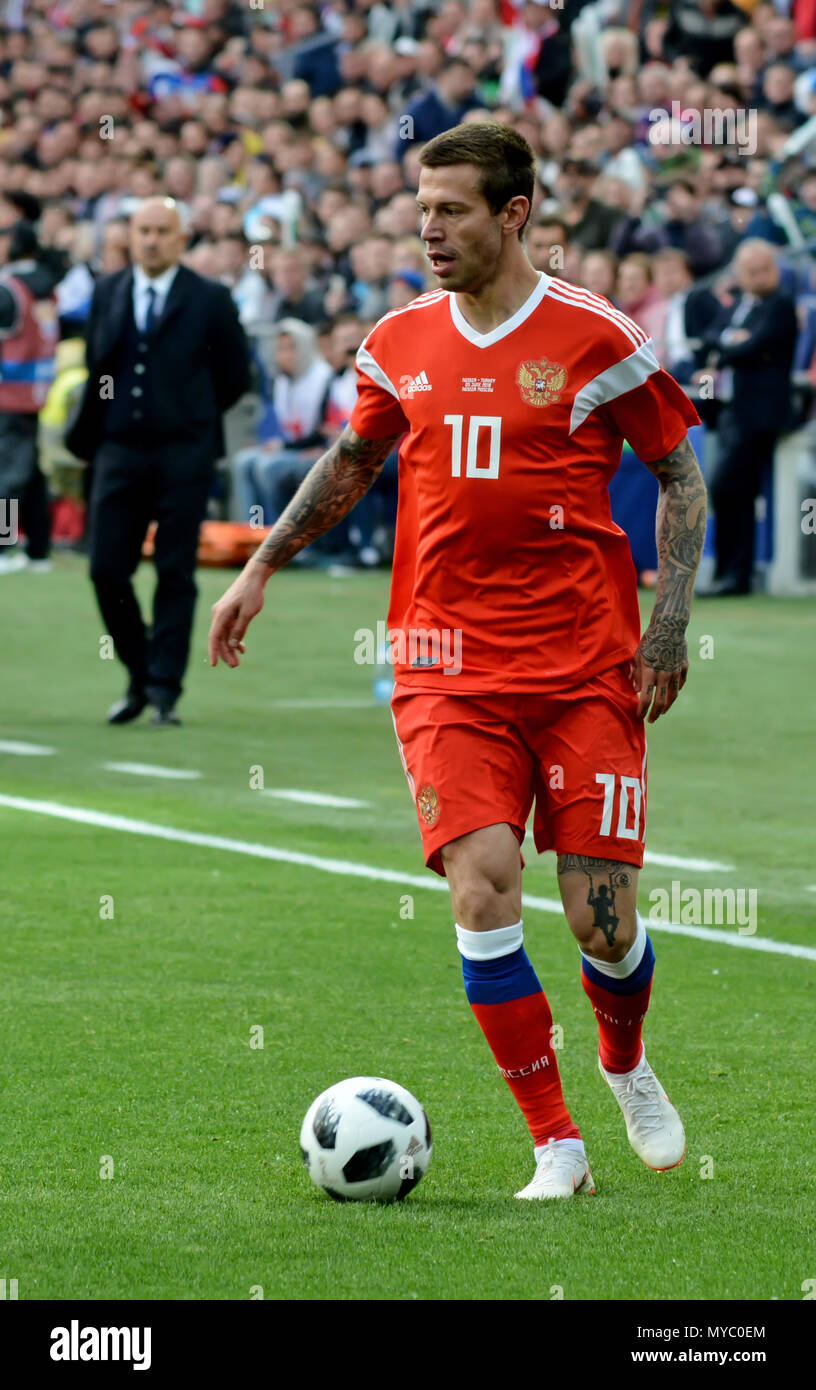 Moscow, Russia - June 5, 2018. Russian striker Fedor Smolov during international friendly against Russia at VEB Arena stadium in Moscow. Stock Photo