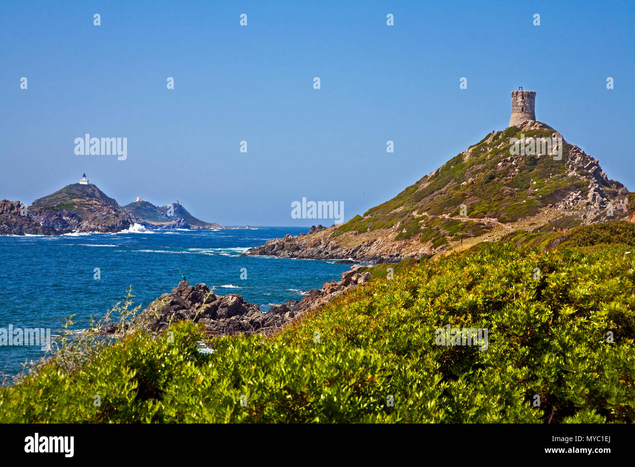 May 16, 2016- Corsica, Spain: watch towers sit on top of hills by the ocean Stock Photo
