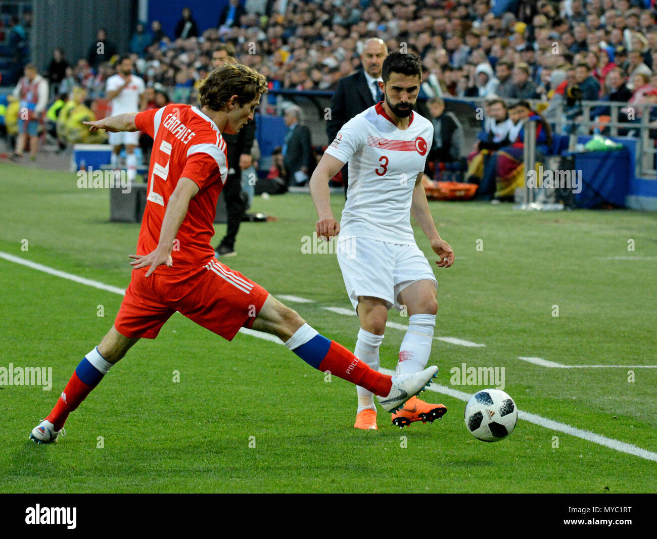 Moscow, Russia - June 5, 2018. Russian defender Mario Fernandes against Turkish left wingback Hasan Ali Kaldirim during international friendly against Stock Photo