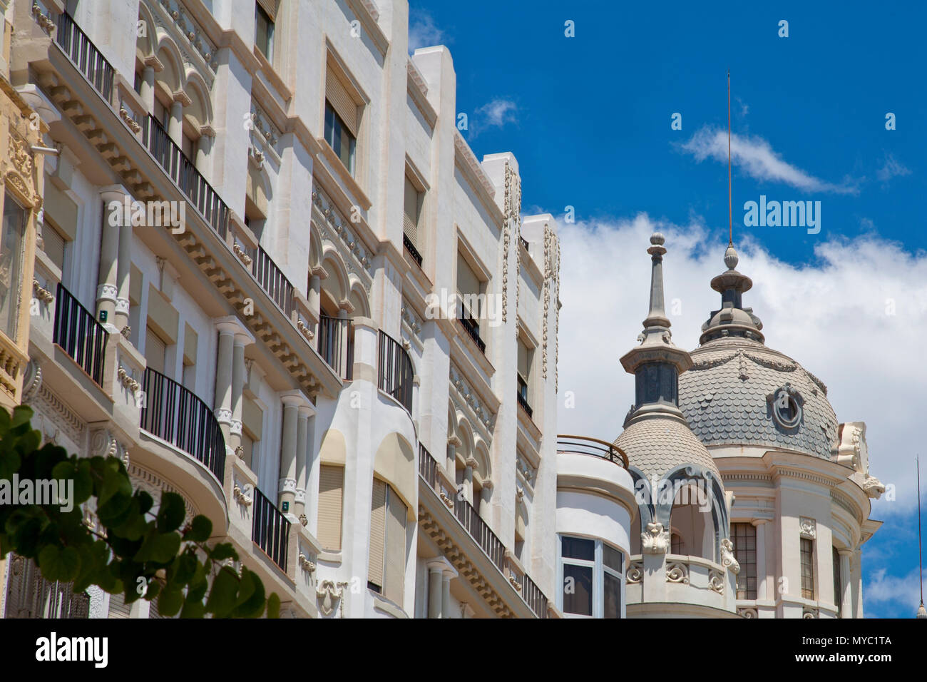 Alicante, Spain- May 29, 2016- the luxurious and beautiful roofline and balconies with rounded domes on the Esplanade Hotel Stock Photo