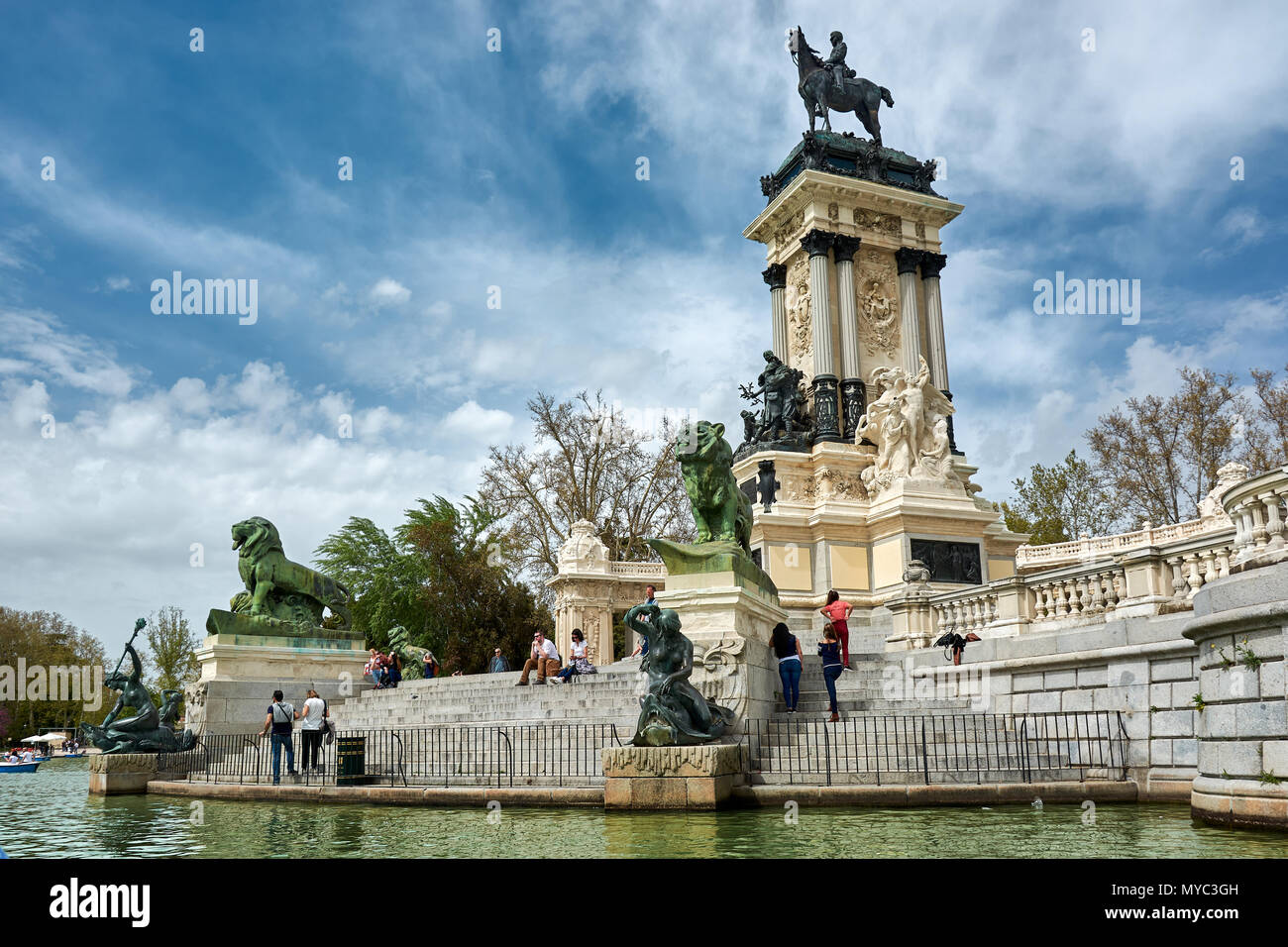 MADRID, SPAIN - APRIL 23, 2018: Close view of the Monument to the spanish king Alfonso XII in the Park of Good Retirement (Parque del Buen Retiro) Stock Photo
