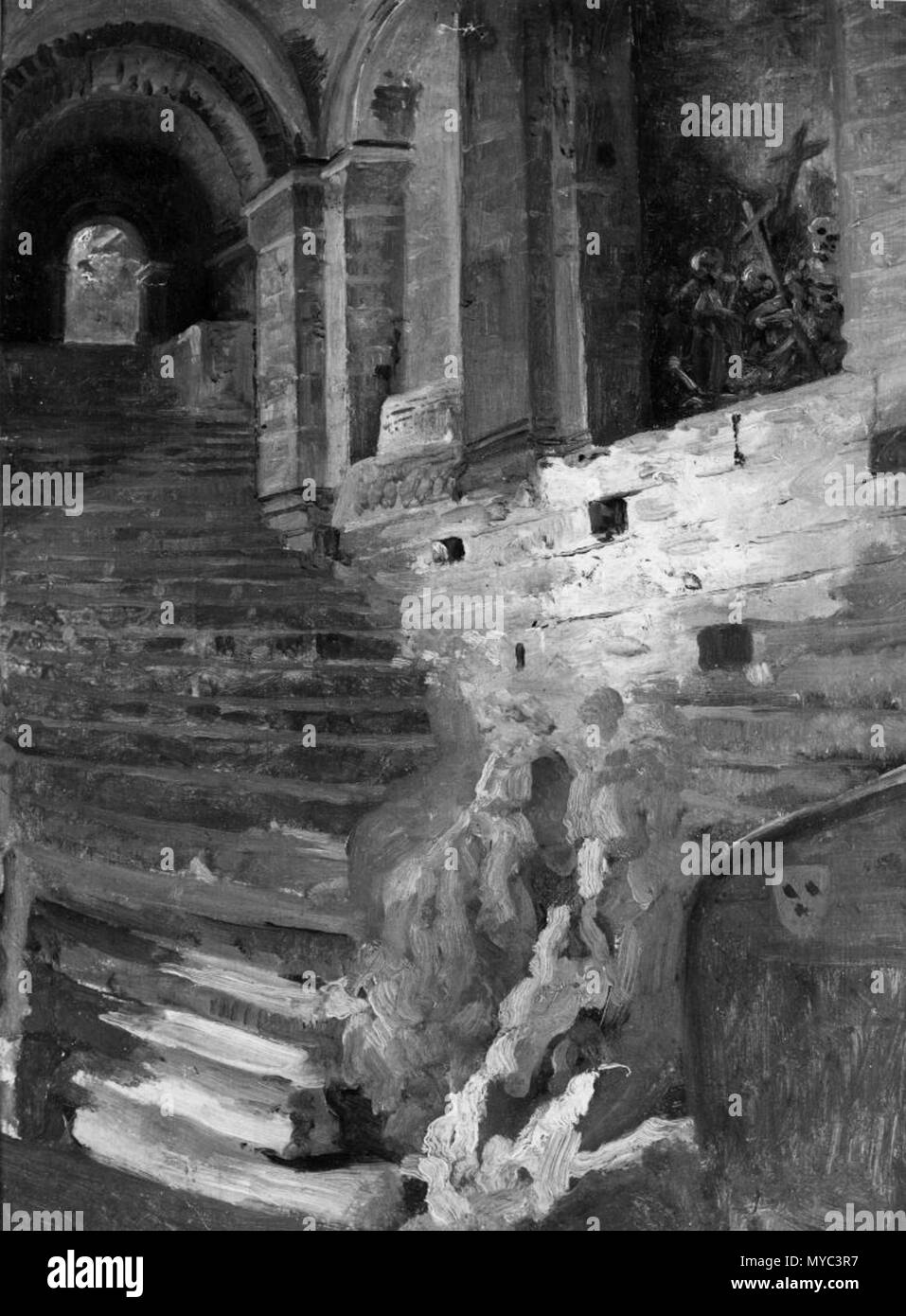 . Italiano: Lo scalone dei morti alla Sacra di San Michele English: The great staircase of the dead at Sacra di San Michele . 1 January 1828. Massimo d'Azeglio 130 D-Azeglio-P121-874 Stock Photo