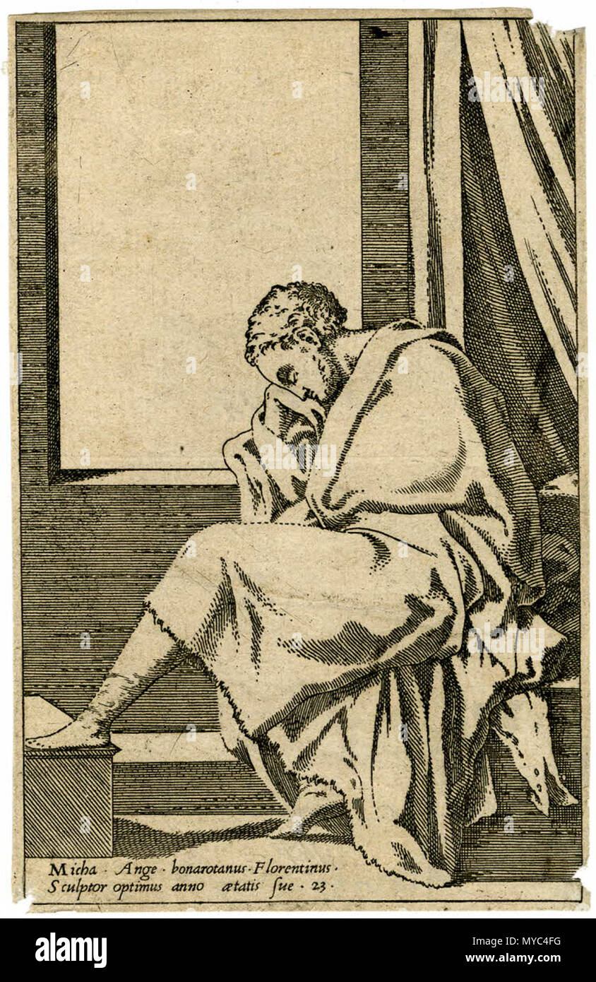 English British Museum Michelangelo Seated Before A Niche Sleeping His Head Resting On His Right Hand His Left Foot On A Step Etching Attributed To Leon Davent Height 142 Millimetres