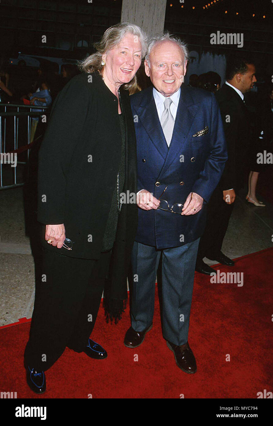 03 Apr 2000, Los Angeles, California, USA --- Carroll O'Connor with Wife Nancy Fields --- Image by © MichelB / USACarroll O'Connor with Wife Nancy Fields Red Carpet Event, Vertical, USA, Film Industry, Celebrities,  Photography, Bestof, Arts Culture and Entertainment, Topix Celebrities fashion /  Vertical, Best of, Event in Hollywood Life - California,  Red Carpet and backstage, USA, Film Industry, Celebrities,  movie celebrities, TV celebrities, Music celebrities, Photography, Bestof, Arts Culture and Entertainment,  Topix,  vertical,, inquiry tsuni@Gamma-USA.com,   celebrity with family memb Stock Photo