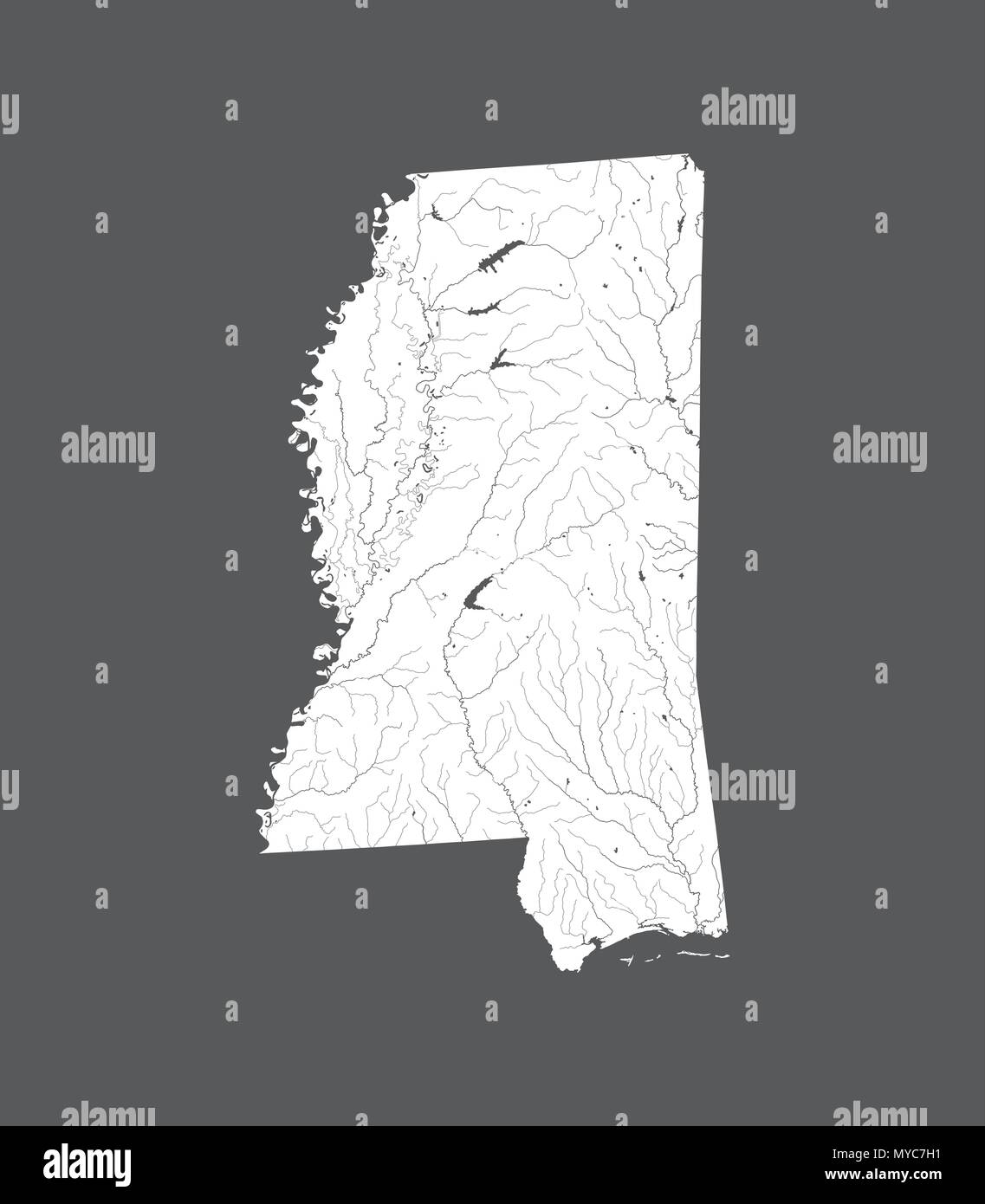 U.S. states - map of Mississippi. Hand made. Rivers and lakes are shown. Please look at my other images of cartographic series - they are all very det Stock Vector