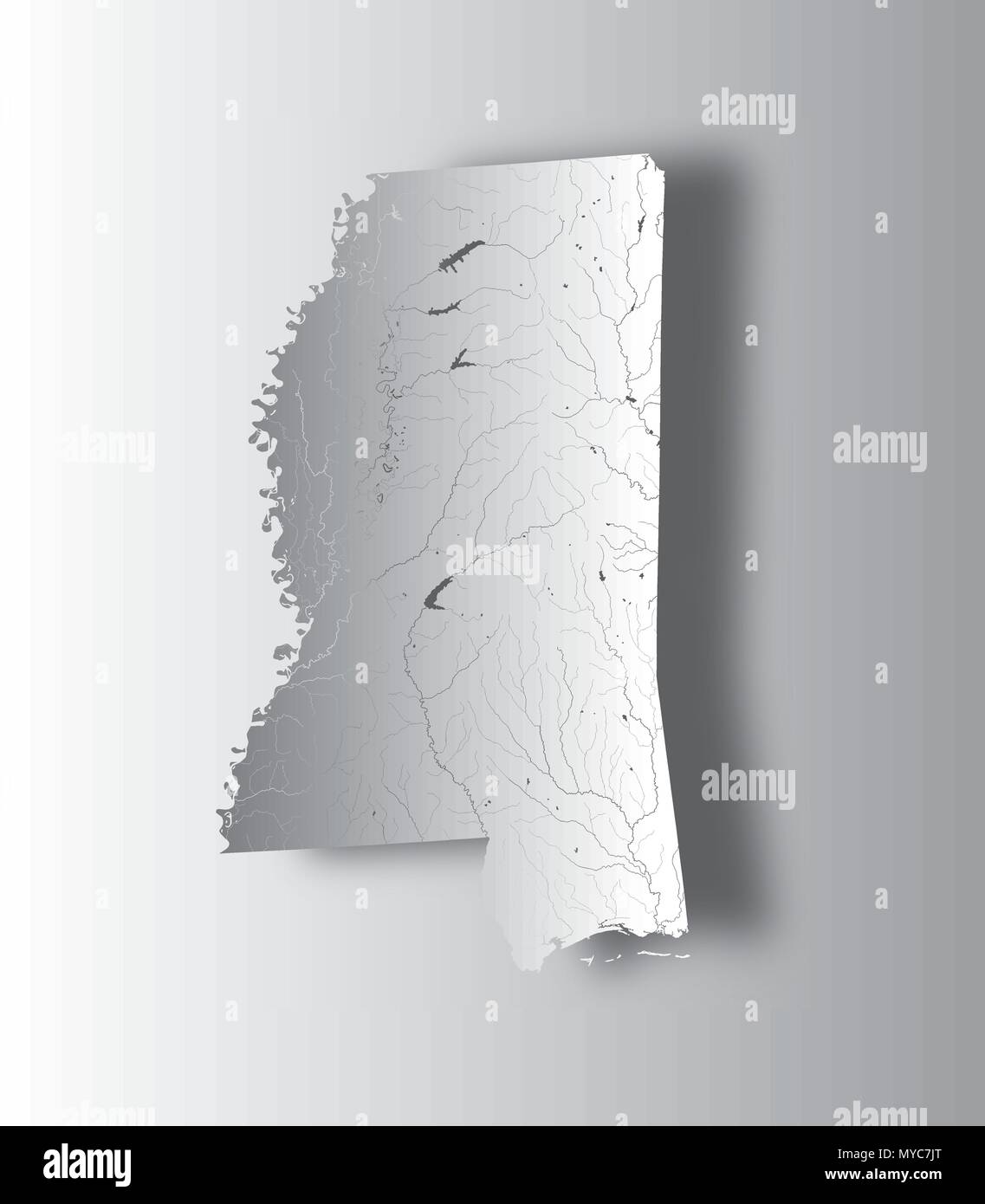 U.S. states - map of Mississippi with paper cut effect. Hand made. Rivers and lakes are shown. Please look at my other images of cartographic series - Stock Vector