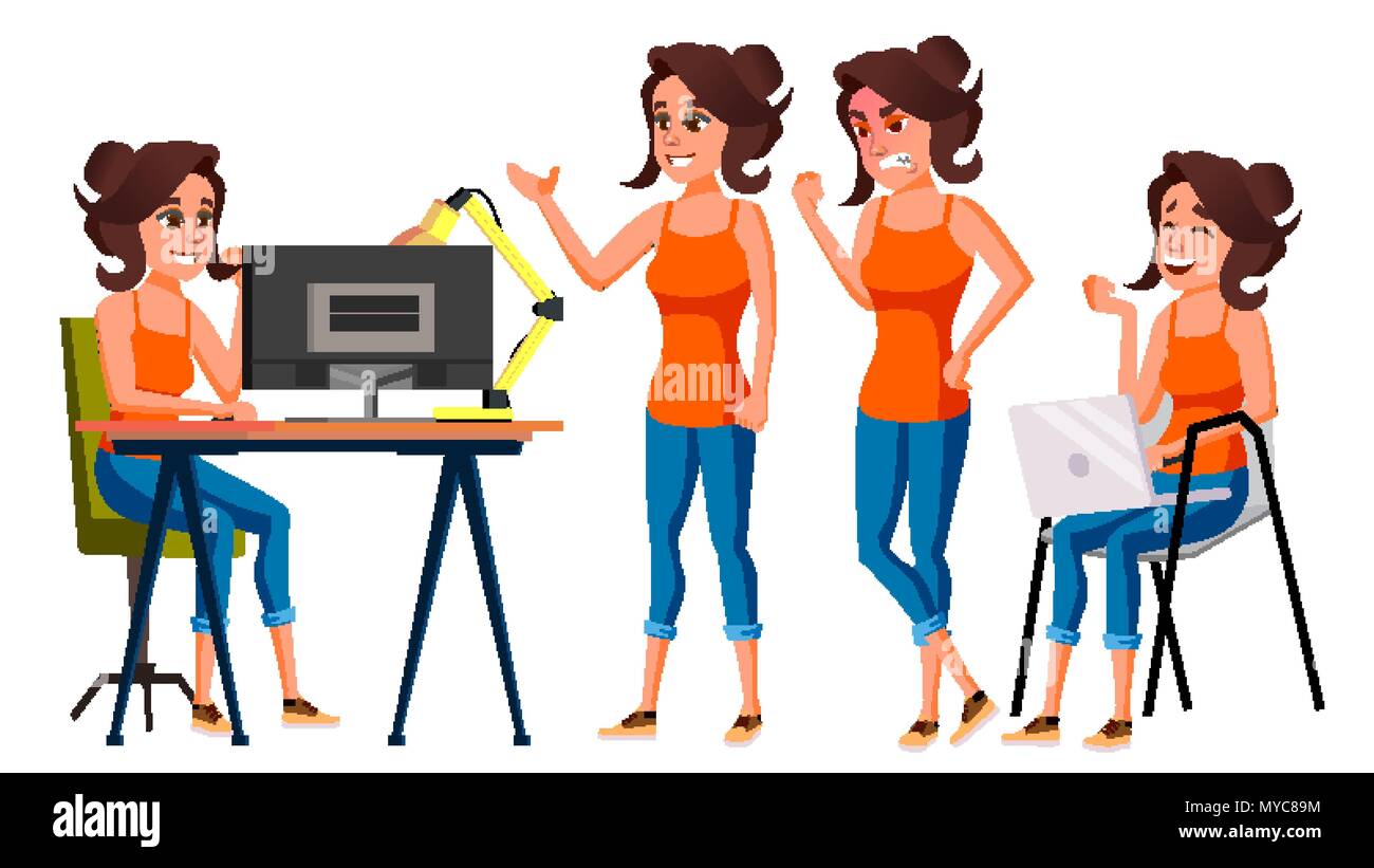 Office Worker Vector. Woman. Professional Officer, Clerk. Business Female. Lady Face Emotions, Various Gestures. Isolated Flat Character Illustration Stock Vector