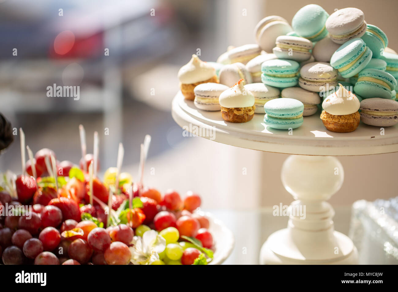 Delicious And Tasty Dessert Table At Wedding Reception Macaroons