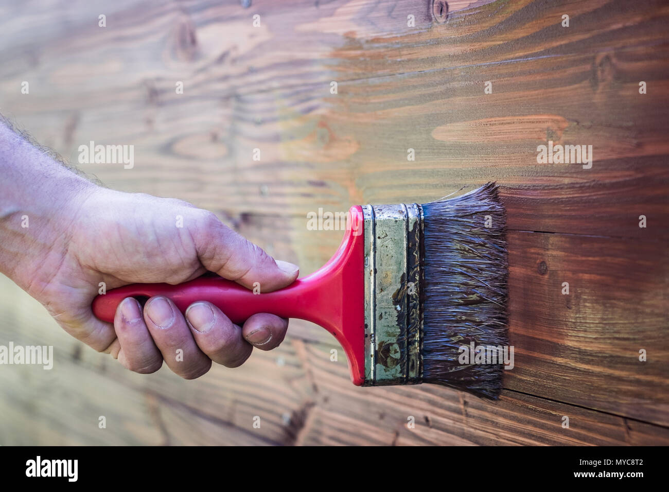 paintbrush on wood - brush on wooden texture Stock Photo