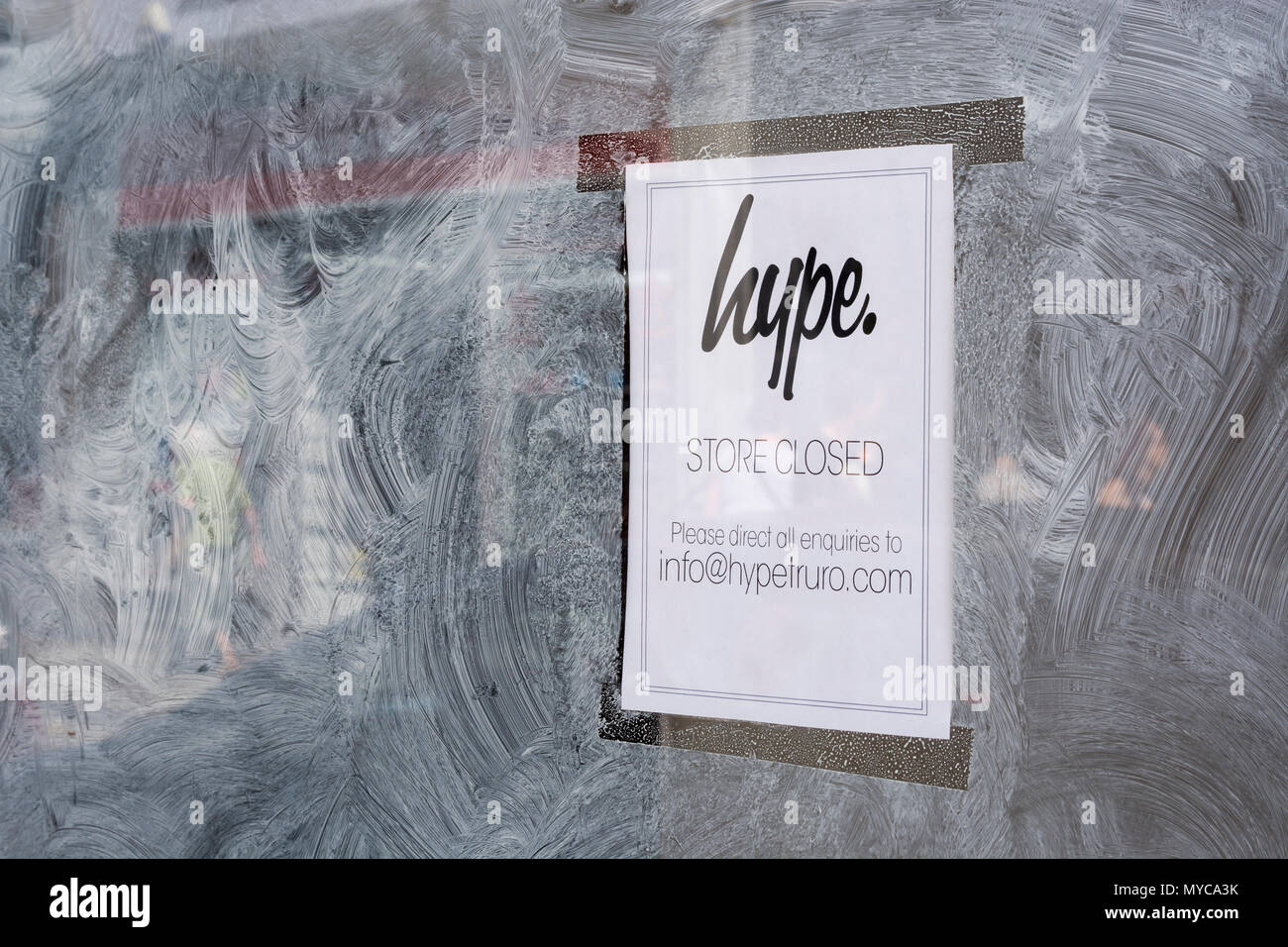 Vacant shop premises (Truro). Former home to Hype clothing chain. Metaphor closed down shops, high street crisis, recession, unoccupied shop. Stock Photo