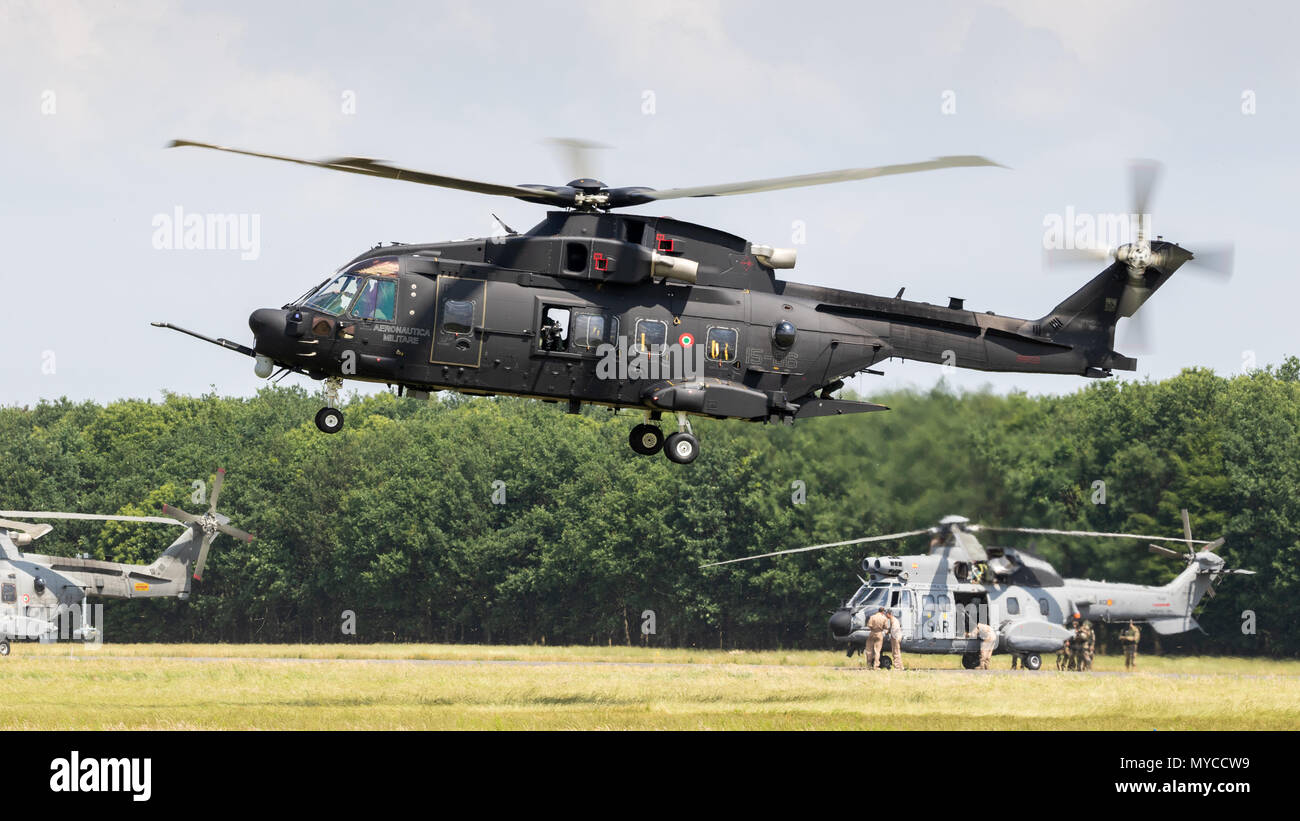 GILZE-RIJEN, NETHERLANDS - MAY 30, 2018: Italian Air Force HH-101A military search and rescue helicopter departing from Gilze-Rijen airbase. Stock Photo
