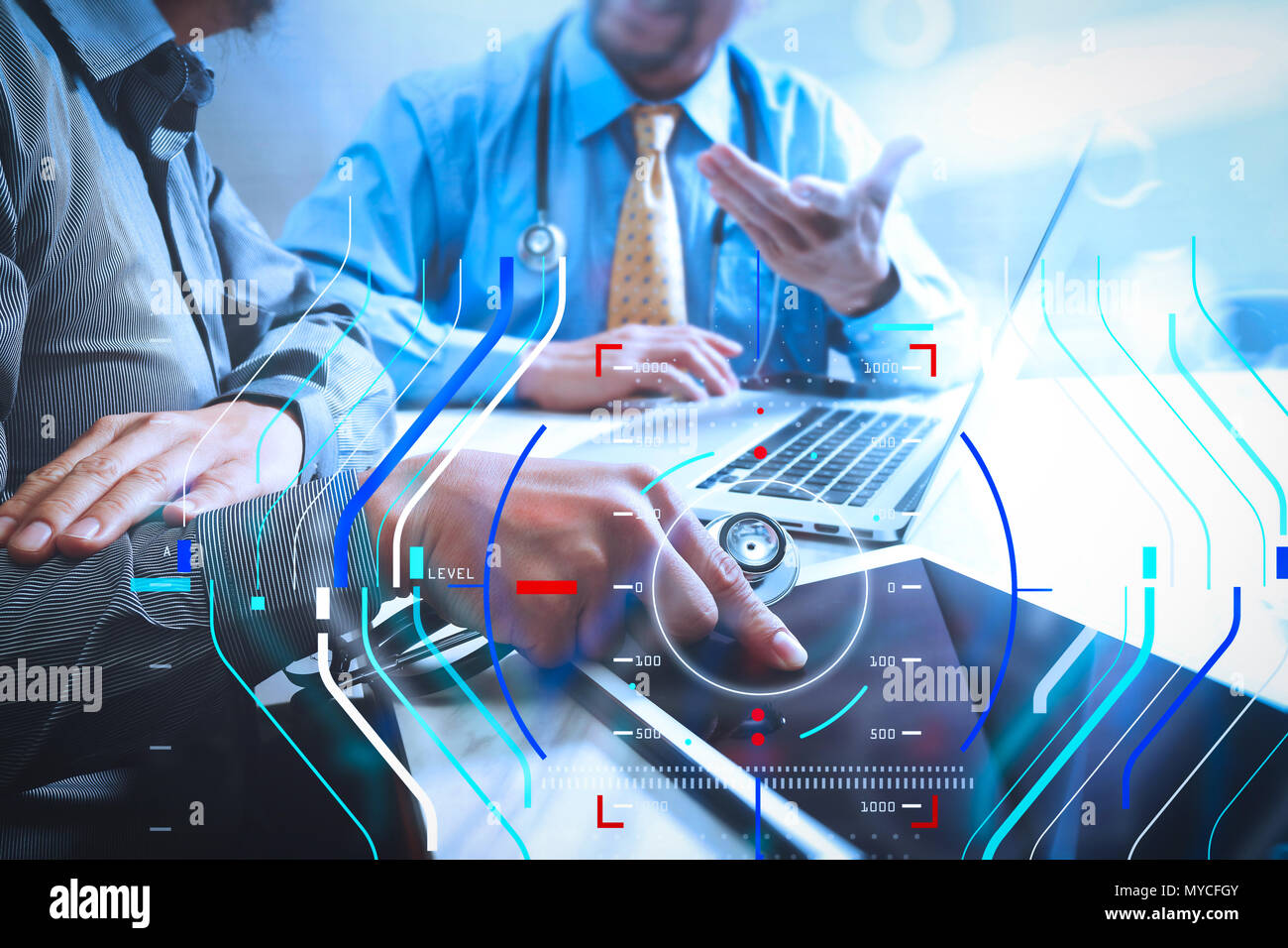 Health care and medical services with circular AR diagram record. Doctor hand working smart phone modern digital tablet laptop computer graphics chart Stock Photo