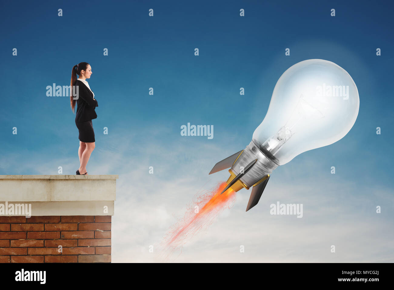 Fast lightbulb as a rocket ready to fly fast. Concept of new super idea Stock Photo