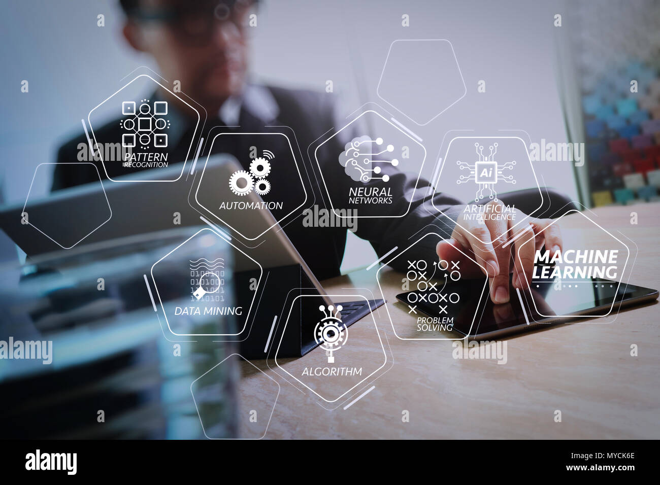 Machine learning technology diagram with artificial intelligence (AI),neural network,automation,data mining in VR screen.Businessman hand touching dig Stock Photo