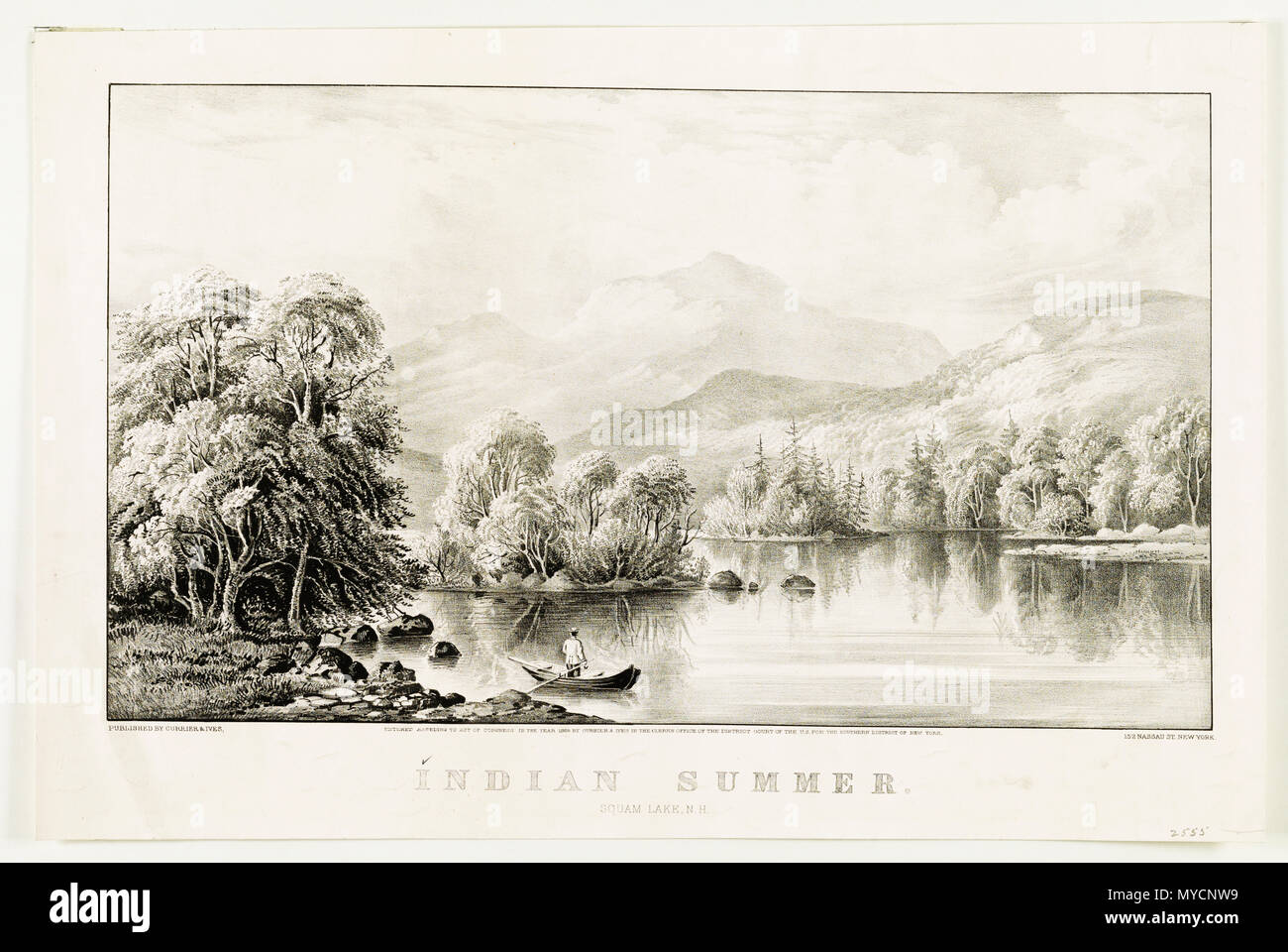 Man in rowboat near shore of Squam Lake in New Hampshire, c 1868 Stock Photo