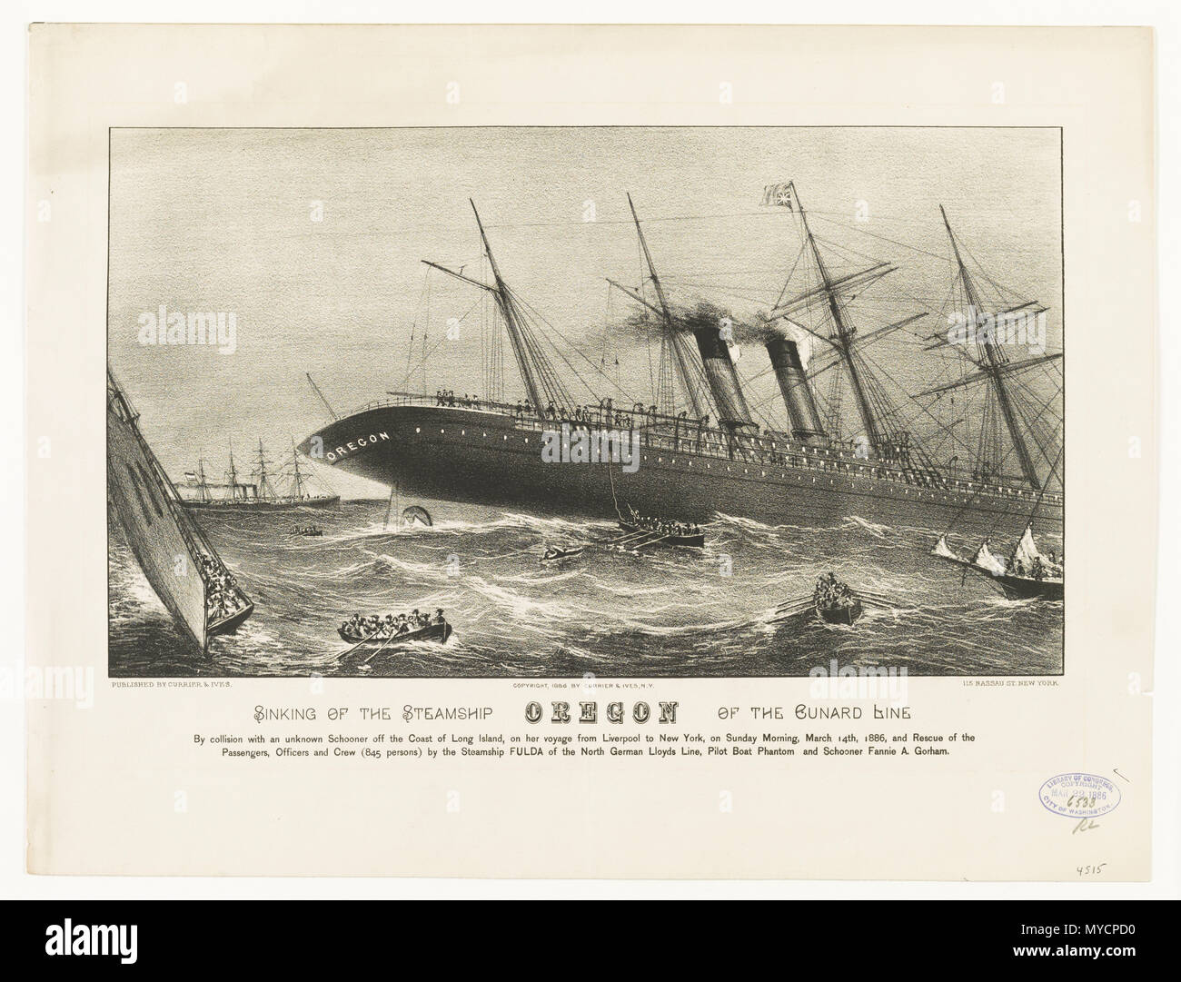 Sinking of the steamship Oregon of the Cunard Line c 1886 Stock Photo