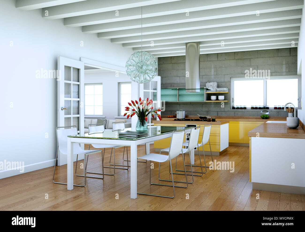 Yellow modern kitchen in a loft with a beautiful design Stock Photo - Alamy
