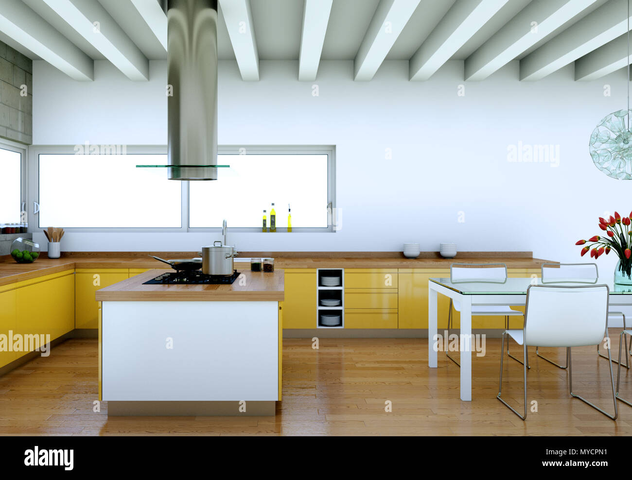 Yellow modern kitchen in a loft with a beautiful design Stock Photo - Alamy
