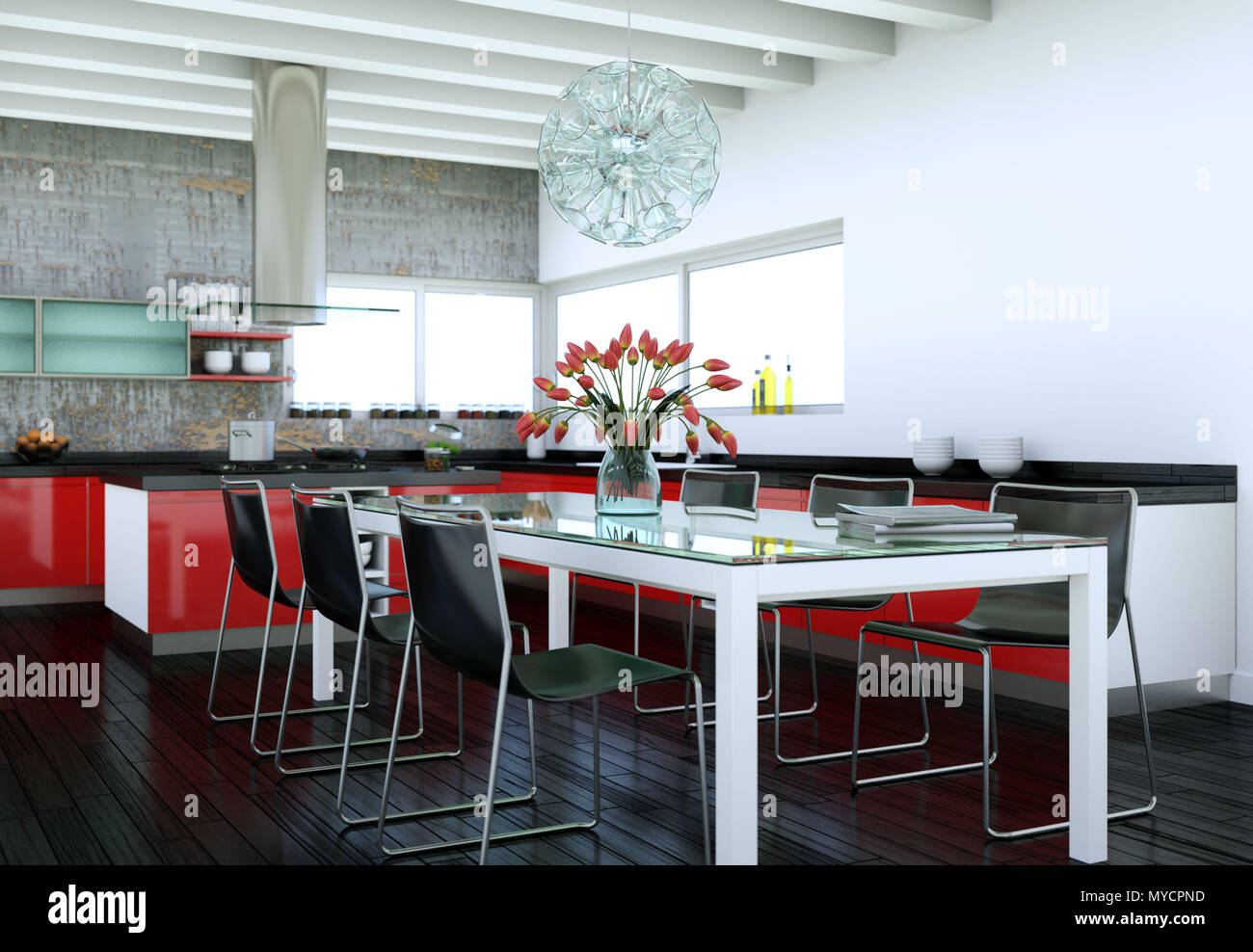 Red modern kitchen in a house with a beautiful design Stock Photo Alamy
