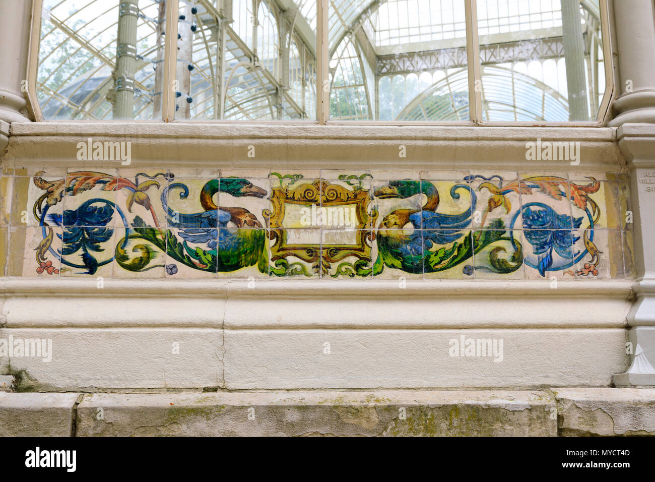 Tile detail on the Palacio Cristal, Crystal Palace, Parque del Buen Retiro, Madrid, Spain. May 2018 Stock Photo