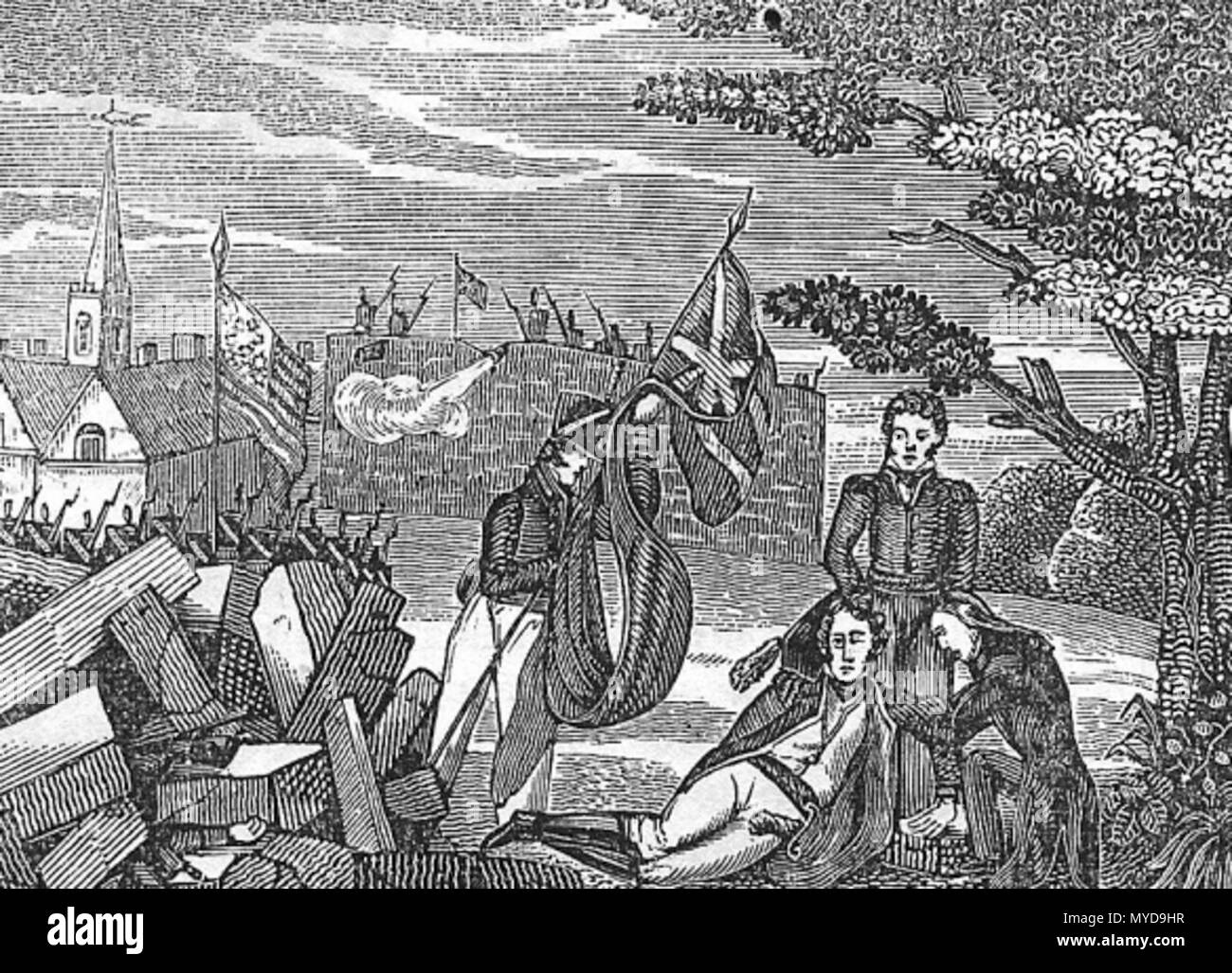 . English: An 1839 engraving of the death of American brigadier general Zebulon Pike at the Battle of York near York, Upper Canada (present day Toronto) on 27 April 1813. Pike was killed by debris from the explosion of a powder magazine. This scene shown in this American print of 1839 bears little resemblance to the actual 1813 fortifications at York, while the town itself was actually out of sight further to the east. Français : La mort du général américain Pike lors de la bataille de York, 27 avril 1813. 1839 engraving, depicting an 1813 event. Unknown 134 Death of General Pike at the Battle Stock Photo
