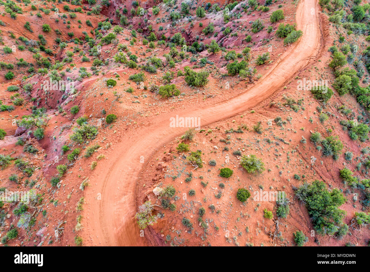 Aerial view of a desert road in the Moab area, Utah (Onion Creek Road