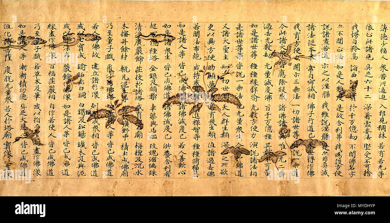 . English: Lotus Sutra, Chapter on 'Expedient Means' (法華経方便品, kengukyōzankan) . 10th century. attributed to Minamoto Toshifusa 173 Expedient Means Lotus Sutra Stock Photo