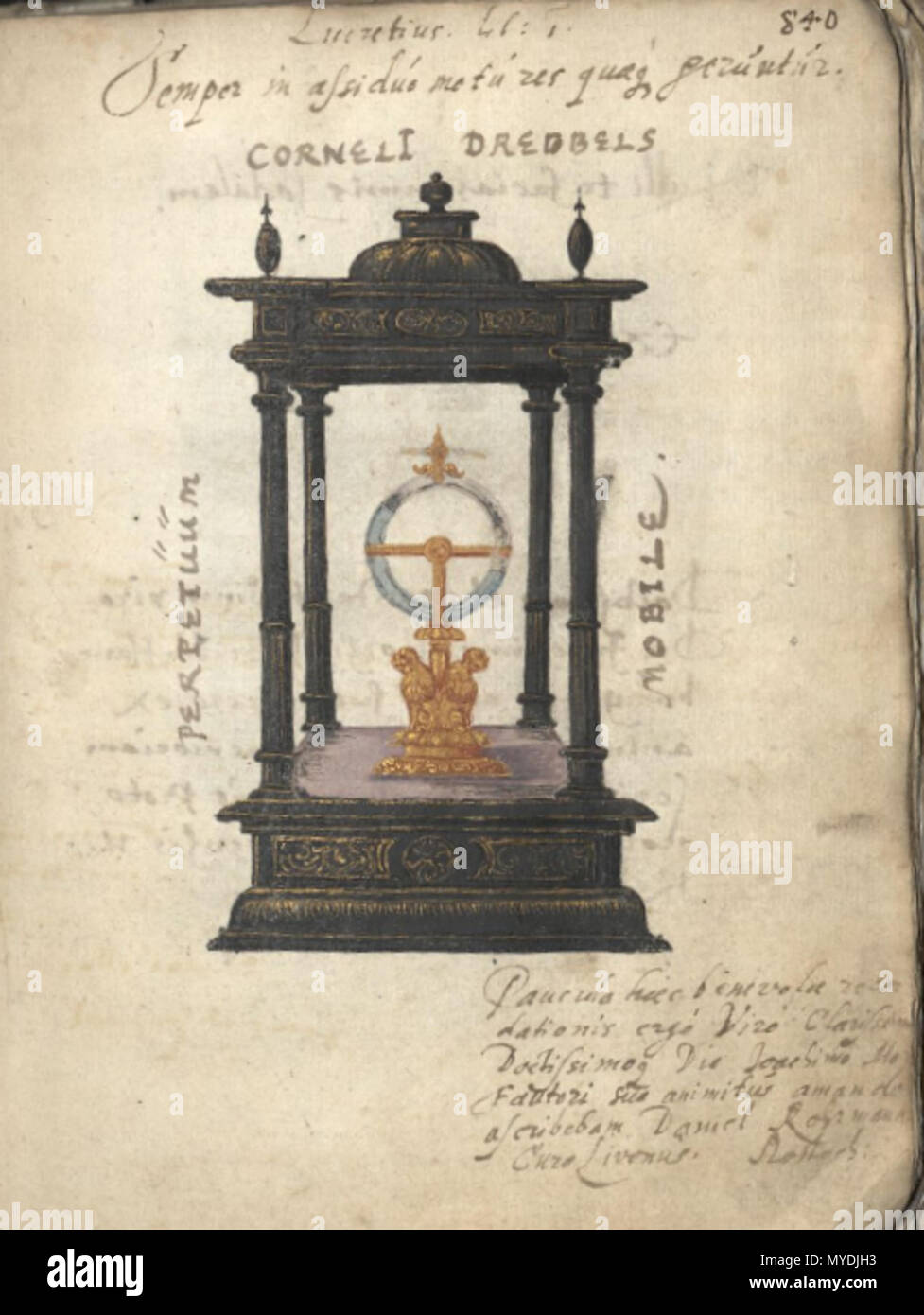 . English: Cornelius Drebbel's Perpetuum Mobile in the Album Morsianum vol. IV., p. 840, entry by Daniel Rohrmann http://purl.uni-rostock.de/matrikel/100023272 . 1616. Unknown 146 Drebbel Album Morsianum Stock Photo