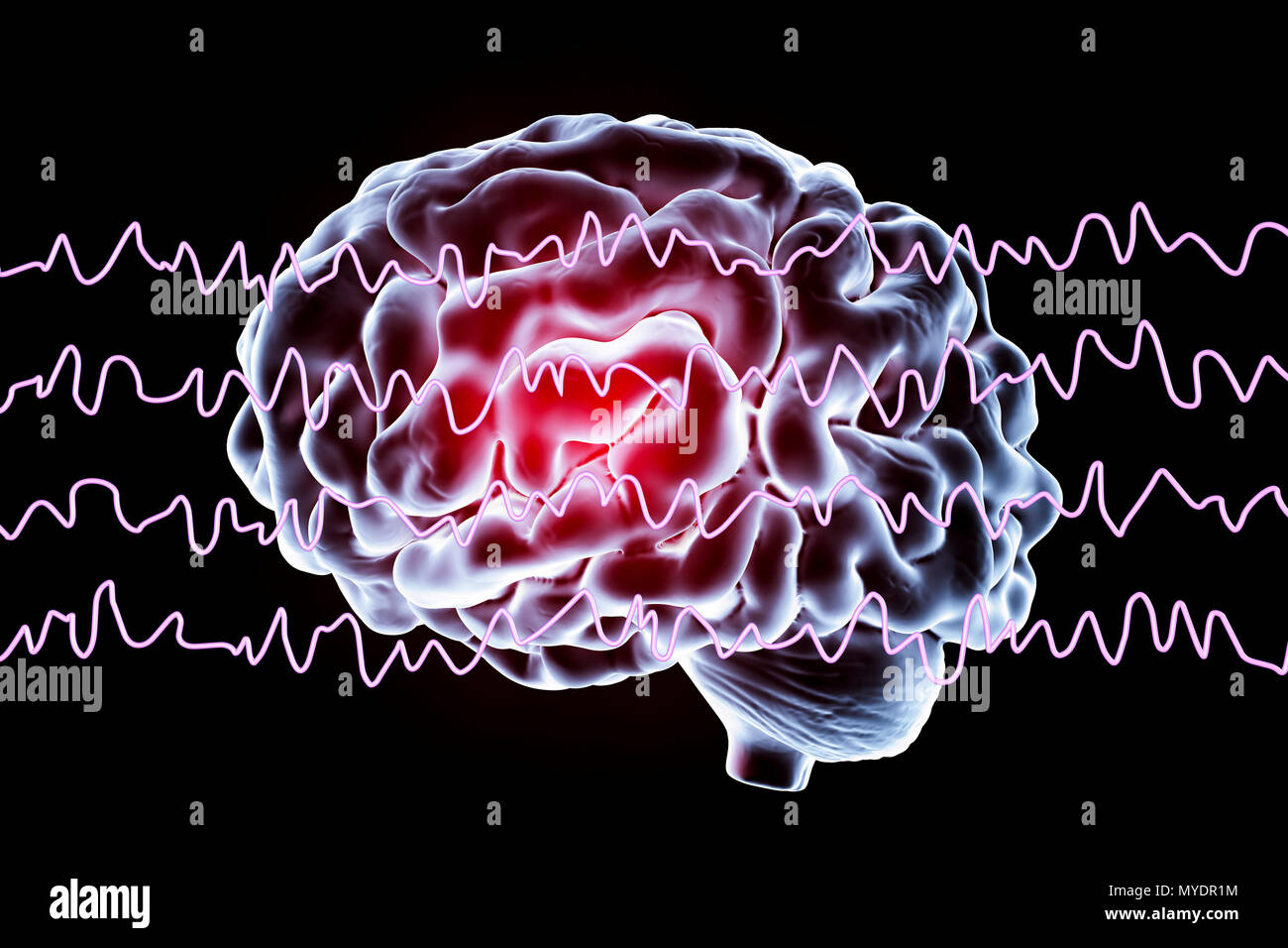 Brain and brain waves in awake state during rest, computer illustration. An electroencephalogram (EEG) measures electrical activity in the brain using electrodes attached to the scalp. Various disorders can be diagnosed by analysing EEG results. Stock Photo
