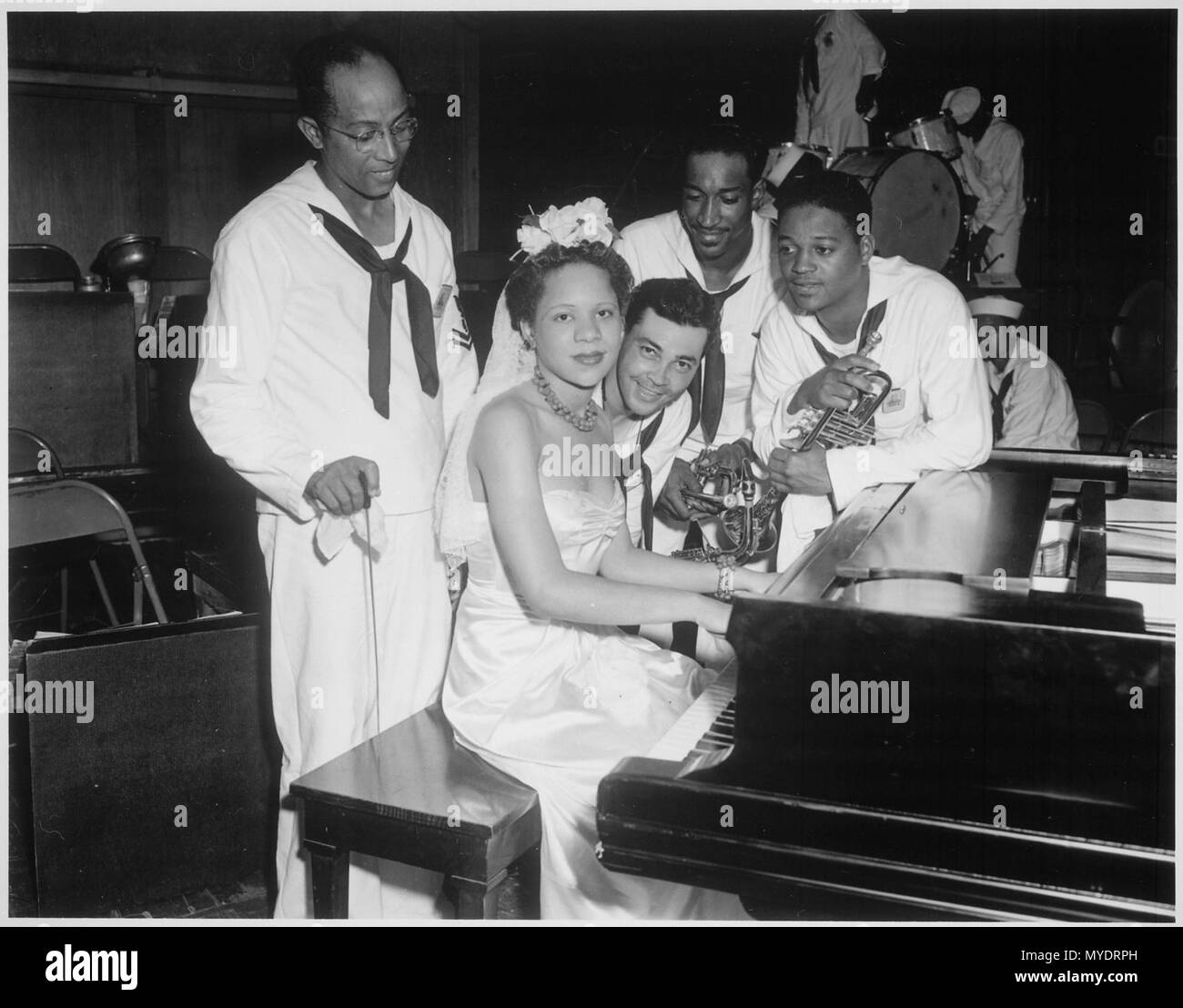 Dorothy Donegan, pianist, and Camp Robert Smalls swing band at NTS, Great Lakes., 06-16-1943 - Stock Photo