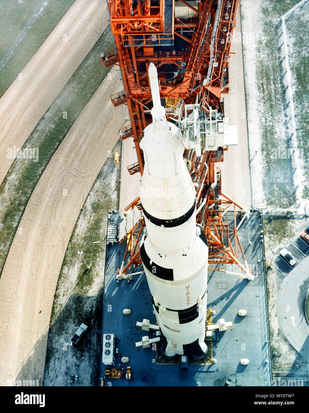 A view of the 363-foot high Saturn V launch vehicle that will carry Apollo 8 astronauts Frank Borman, James Lovell and William Anders into space. Stock Photo