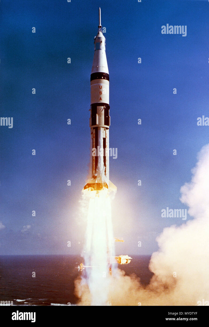 A Saturn 18 space launch vehicle lifts off from Launch Complex 34 carrying Apollo 7 astronauts Walter M. Schirra Jr., Don F. Eisele and Walter Cunningham. Stock Photo