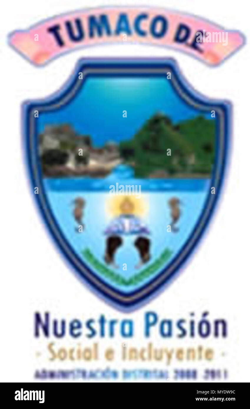 . Español: El escudo del municipio de Tumaco es de forma ojival ribeteado de color azul oscuro y está jaquelado en dos cuarteles horizontales. El cuartel superior ostenta el “Arco Natural del Morro”, teniendo como fondo el cielo y el mar en sus colores naturales: símbolo de la indescriptible belleza de nuestro paisaje. El cuartel inferior, con fondo de azul claro, tiene una antorcha color bronce en el centro, una cinta de color rojo con las fechas de 1781-1782 impresas en color amarillo. A los costados de la antorcha se encuentran dos hipocampo en su color natural, debajo de ella hay dos brazo Stock Photo