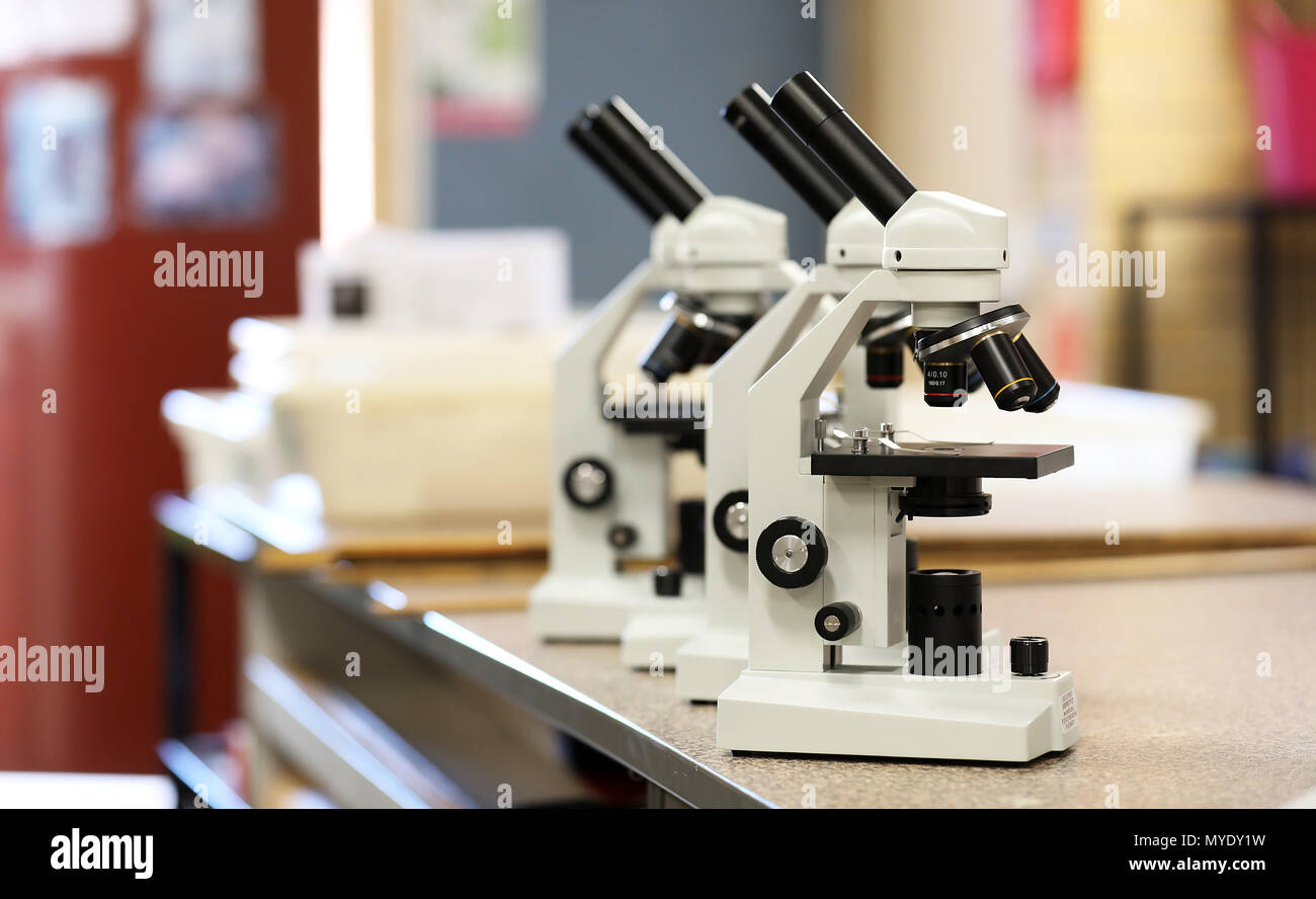 science scientist related images displaying electronic microscopes and test tubes in a laboratory or storeroom. strong education research and medical Stock Photo