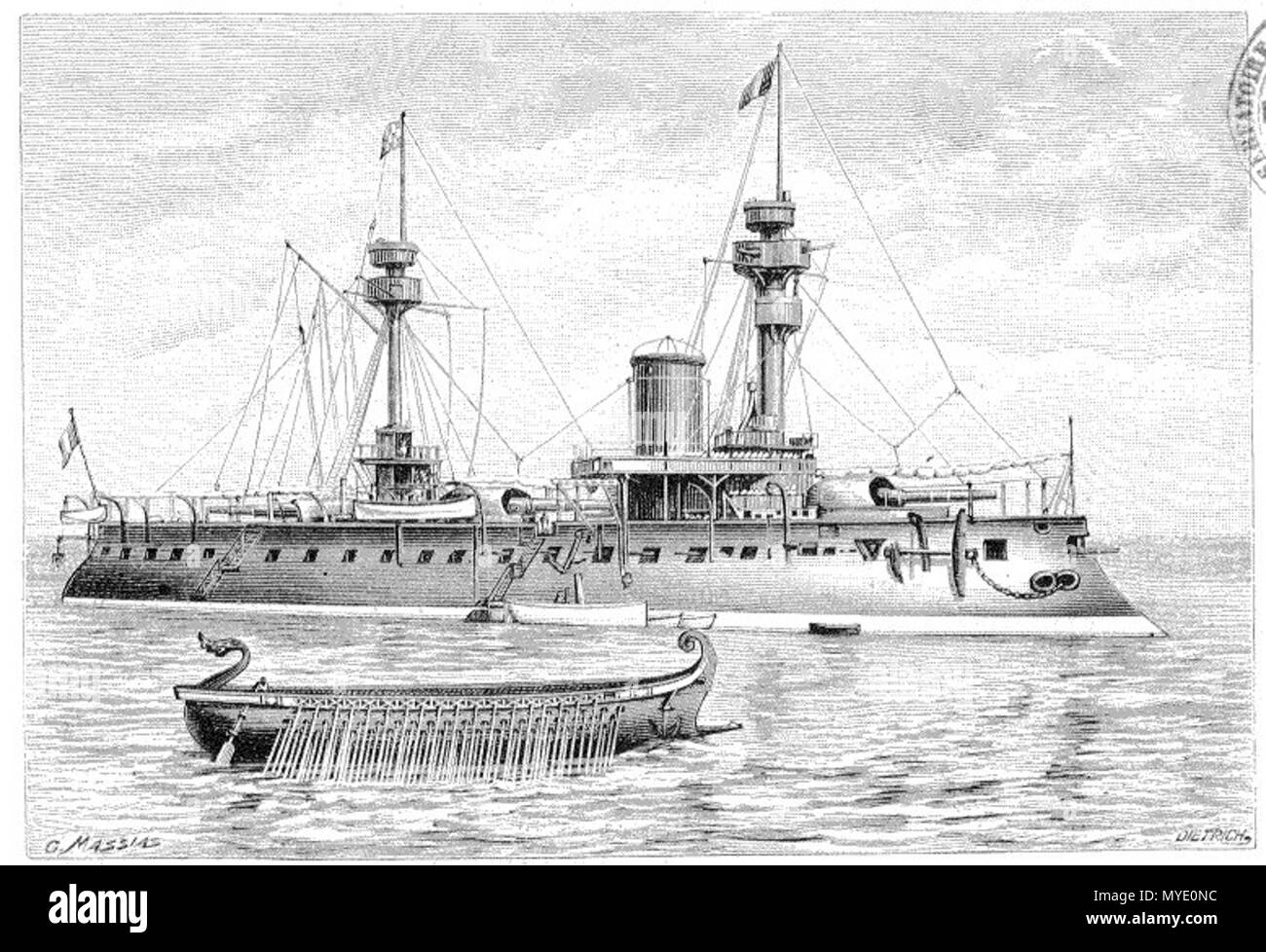 . English: French battleship Formidable displayed beside an antique galley for size comparison . G. Massias 183 Formidable-Massias Stock Photo
