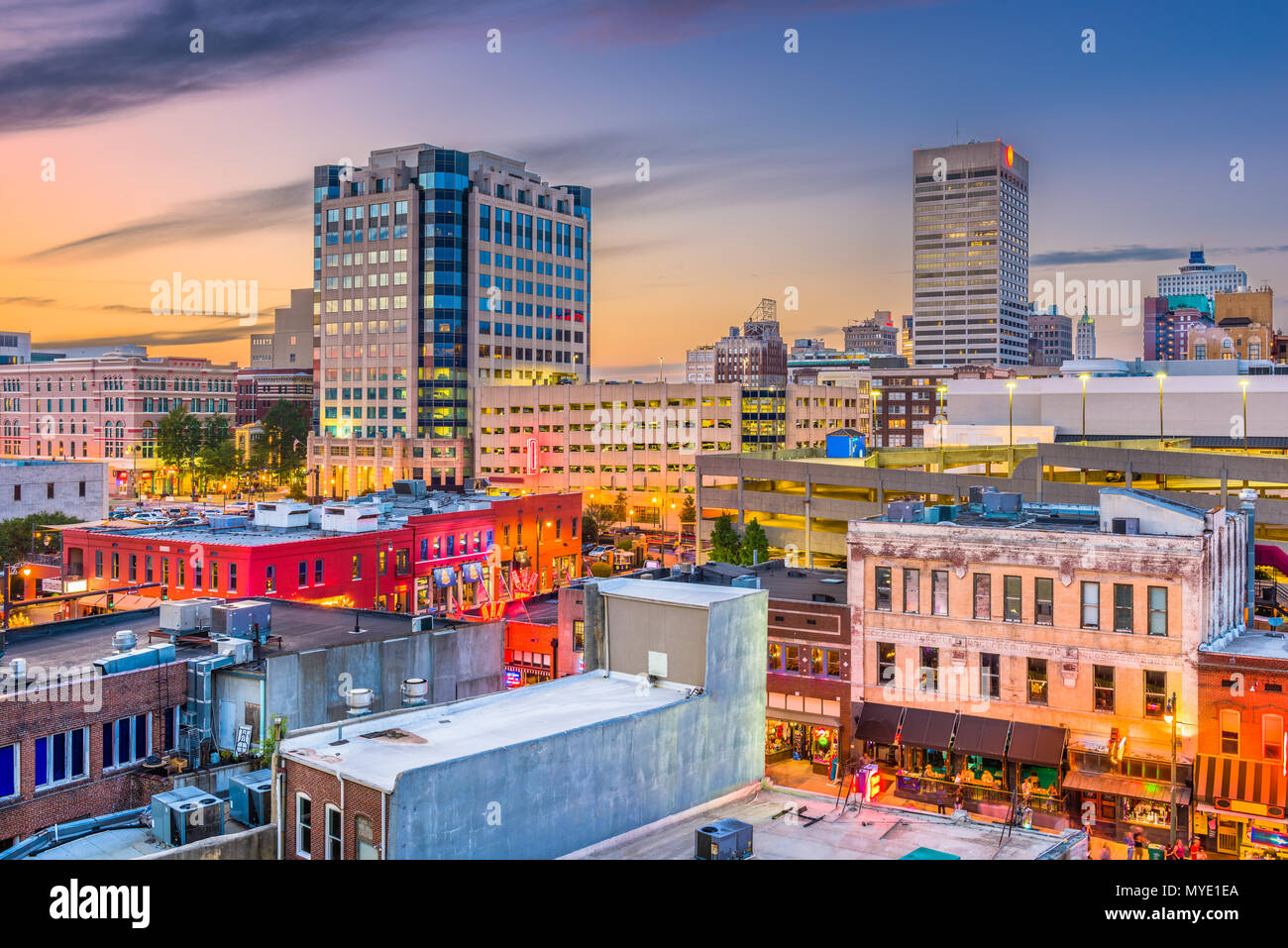 Memphis, Tennessee, USA city skyline over Beale Street at dusk. Stock Photo