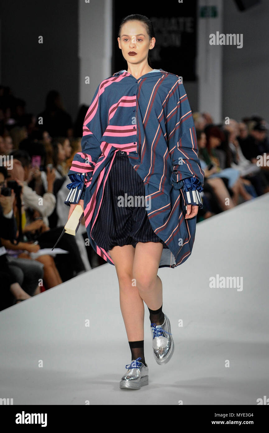 London, UK. 6 June 2018. A model presents a look by Heather Rowland ...