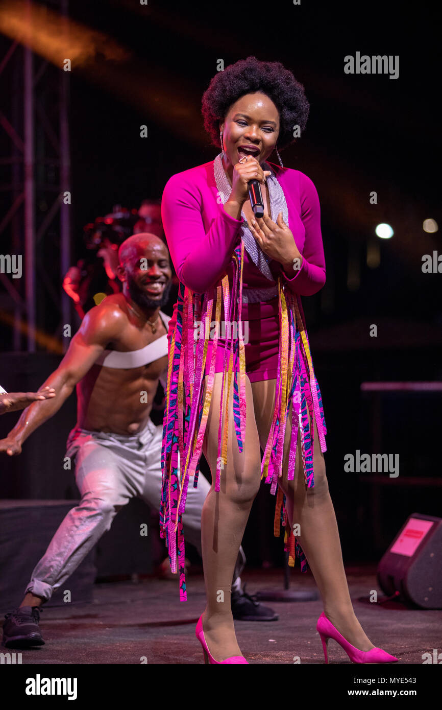 Cannes, France, 6 June 2018, Yemi Alade, Nigerian Afropop queen, singer and songwriter in concert at Midem 2018, Midem Beach, Cannes © ifnm / Alamy Live News Stock Photo