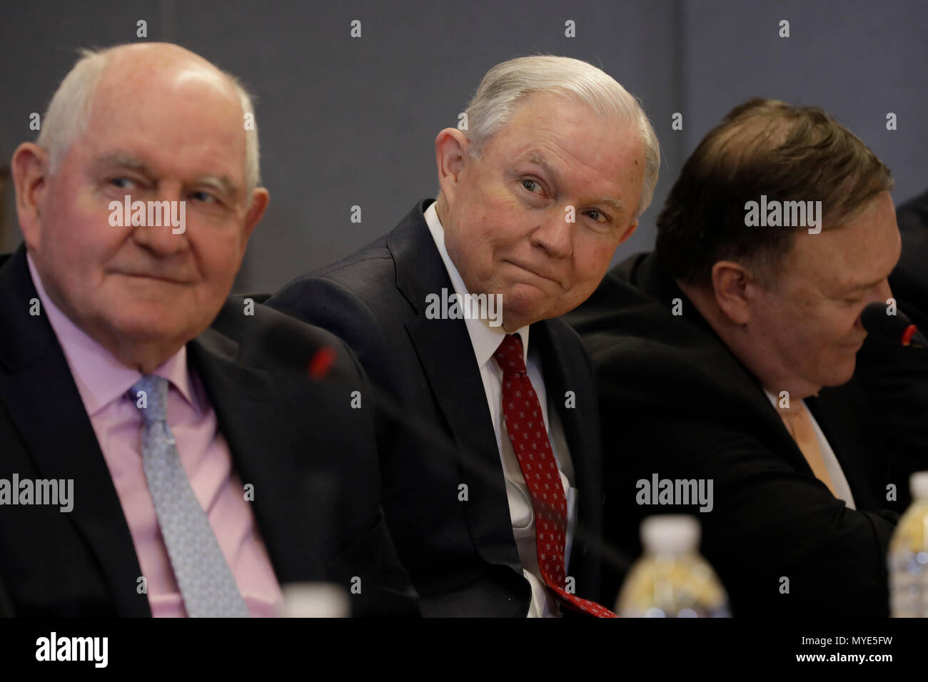 U.S. Attorney General Jeff Sessions (R) and Agriculture Secretary Sonny Perdue attend the 2018 Hurricane Briefing at the FEMA headquarters on June 6, 2018 in Washington, DC. Credit: Yuri Gripas/Pool via CNP /MediaPunch Stock Photo