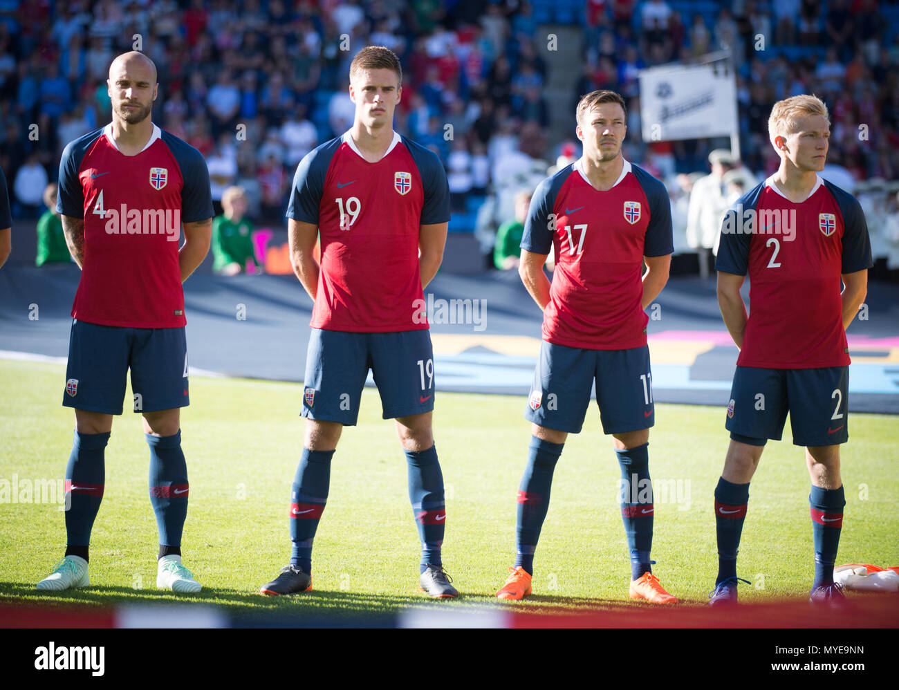 Norway, Oslo - June 6, 2018. ITore Reginiussen (4), Markus Henriksen (19),  Martin Linnes (17) and Birger Meling (2) of Norway seen during national  anthem before football friendly between Norway and Panama