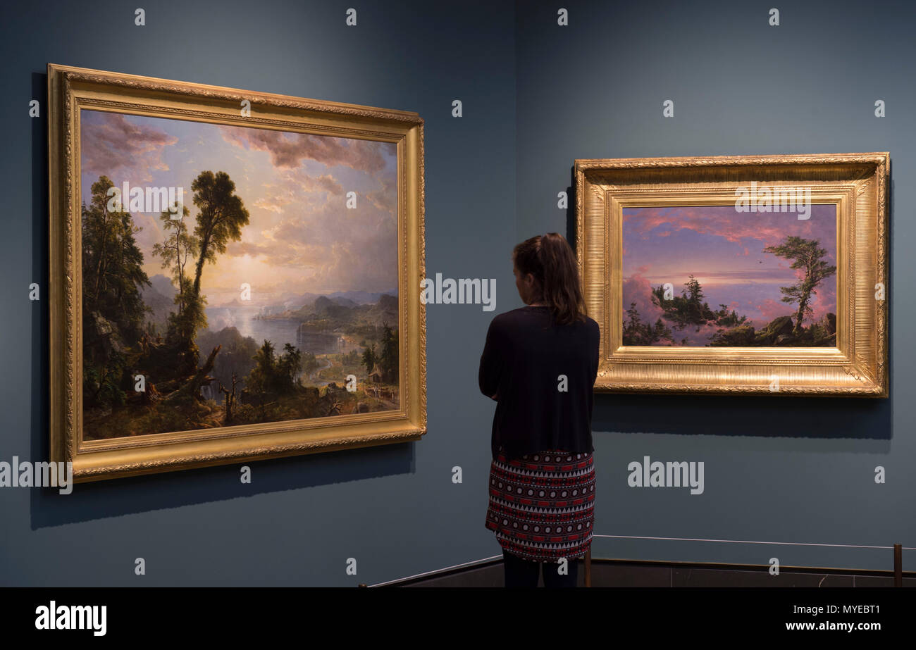 National Gallery, London, UK. 7 June, 2018. Thomas Cole: Eden to Empire. Tthe American wilderness is seen through the eyes of British-born Thomas Cole (1801–1848). Thomas Cole’s work depicts nature at its most powerful and vulnerable. His paintings glory in the unique terrain of the American Northeast – largely still unspoiled in his time - while serving as a cautionary tale about the use of natural resources in an increasingly industrial age. Credit: Malcolm Park/Alamy Live News. Stock Photo