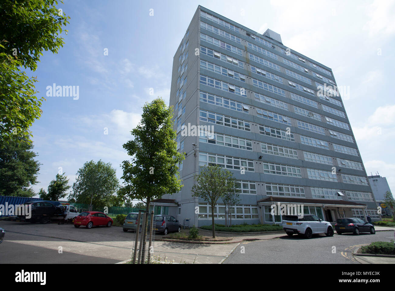 Thornaby on Tees, UK.7th June 2018.Housing Group,Thirteen, announce that five of their high rise buildings are to be demolished due to concerns over their long term safety.These include Anson House and Hudson House in Thornaby town centre. Credit: David Dixon/Alamy Live News Stock Photo