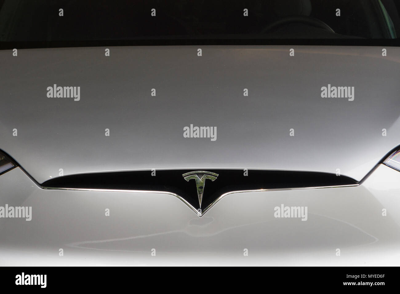 Torino, Italy. 7th June 2018. Tesla logo on a Model X. 2018 edition of Parco Valentino car show hosts cars by many automobile manufacturers and car designers in Valentino Park in Torino, Italy Credit: Marco Destefanis/Alamy Live News Stock Photo